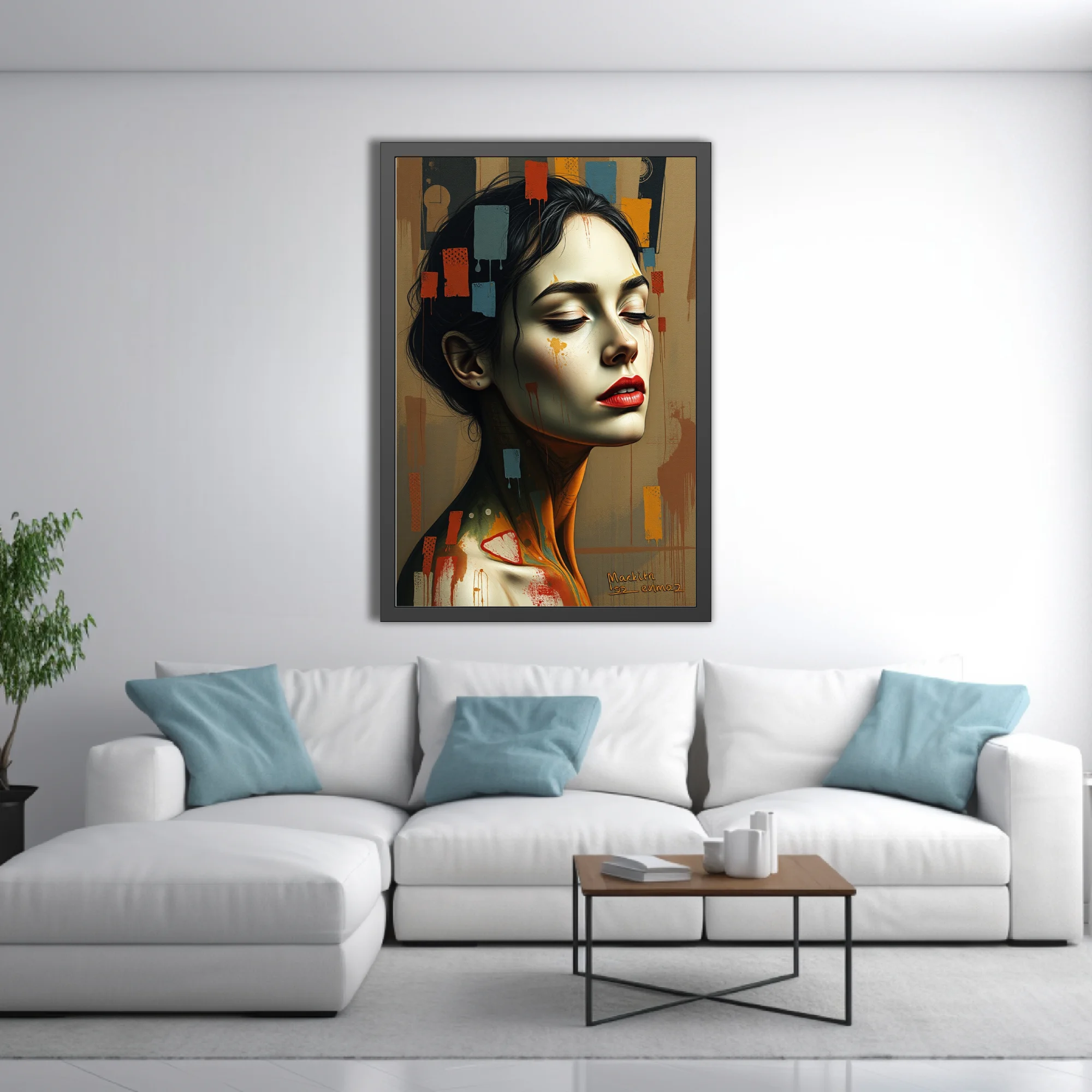 Expressive mixed-media woman portrait, earth tones, red lips, abstract color block overlays