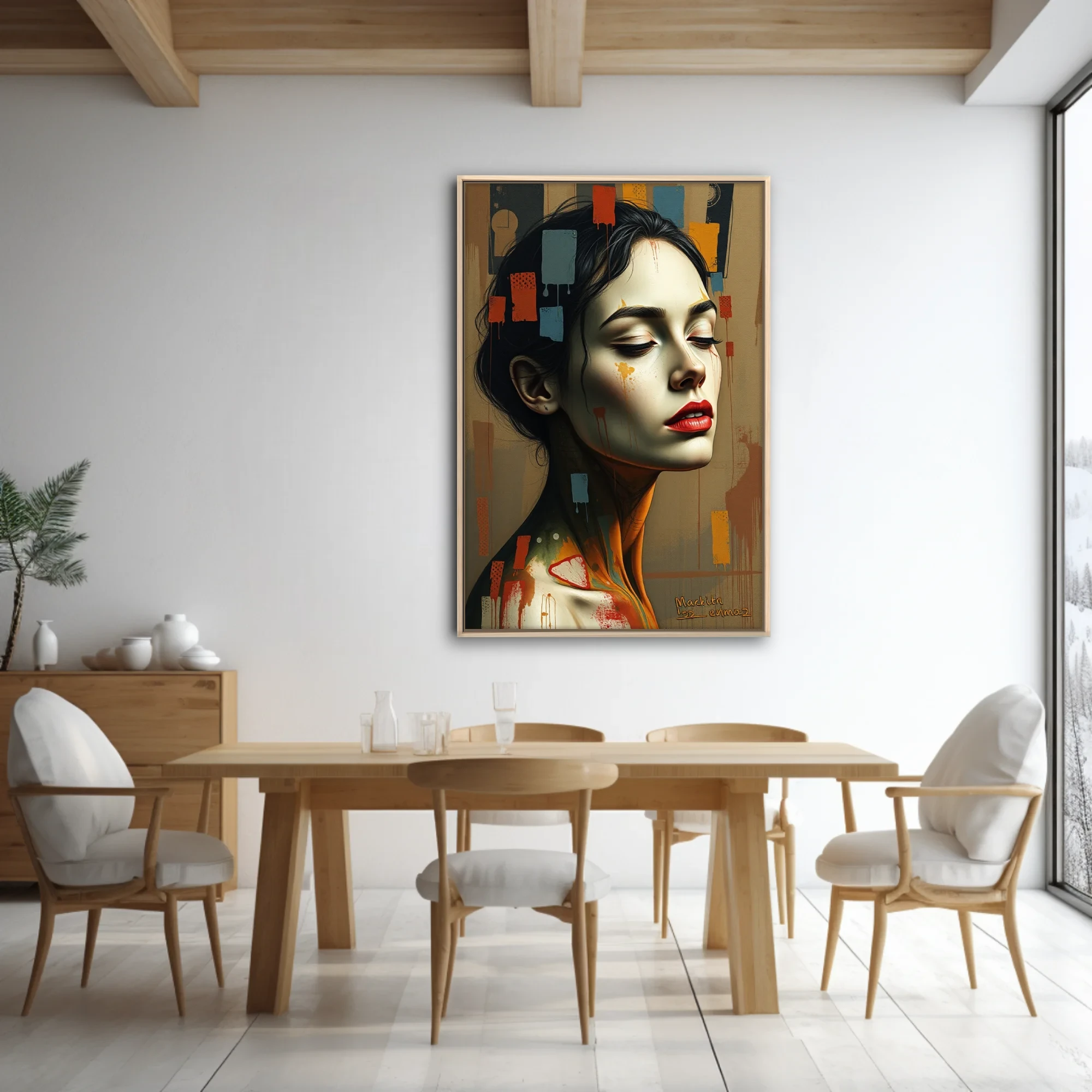 Expressive mixed-media woman portrait, earth tones, red lips, abstract color block overlays