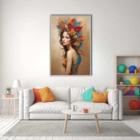 Portrait of a woman with vibrant autumn-leaf headdress in warm ochres and teal