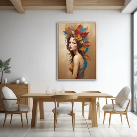Portrait of a woman with vibrant autumn-leaf headdress in warm ochres and teal