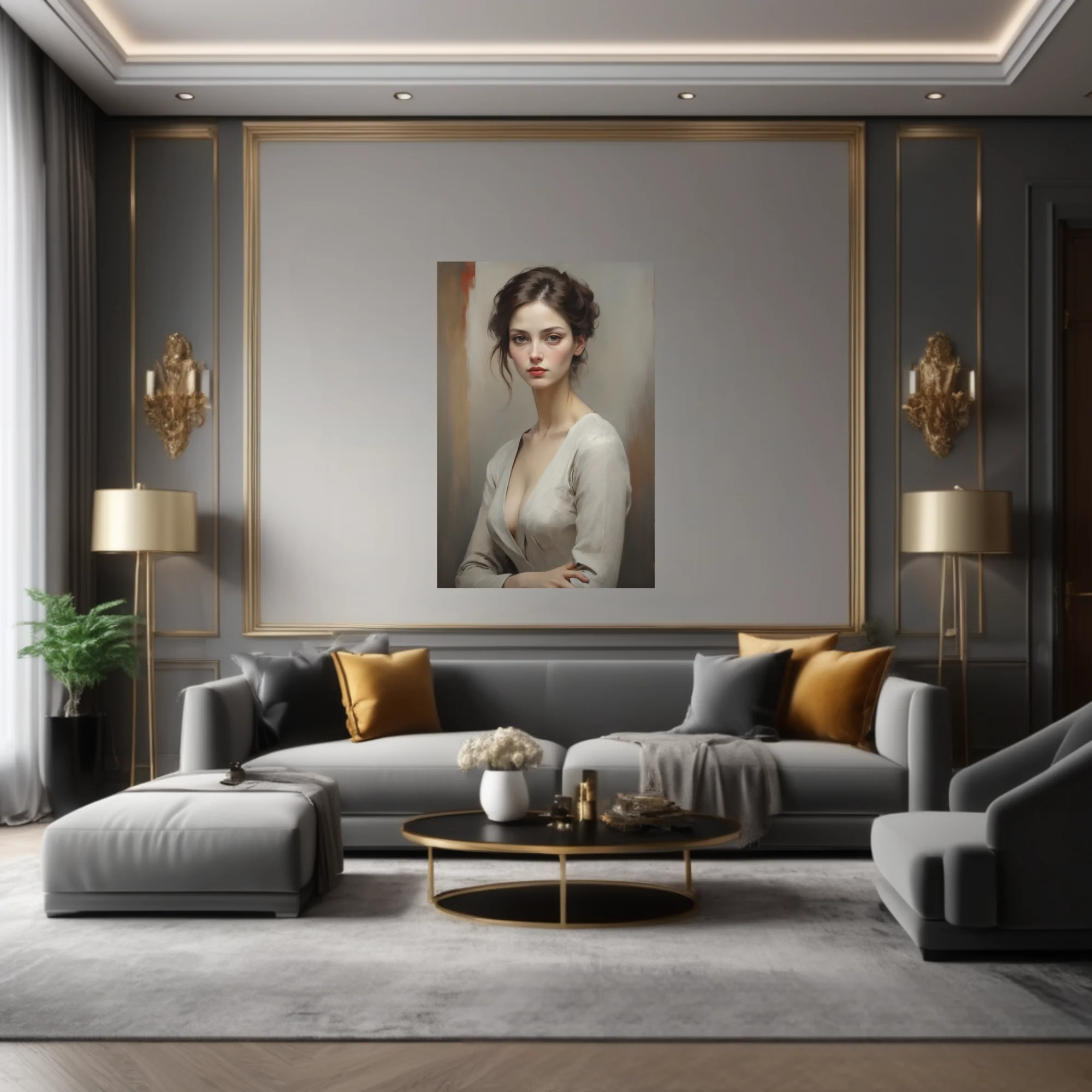 Realist portrait of a young woman, muted tones, dark upswept hair, brooding gaze