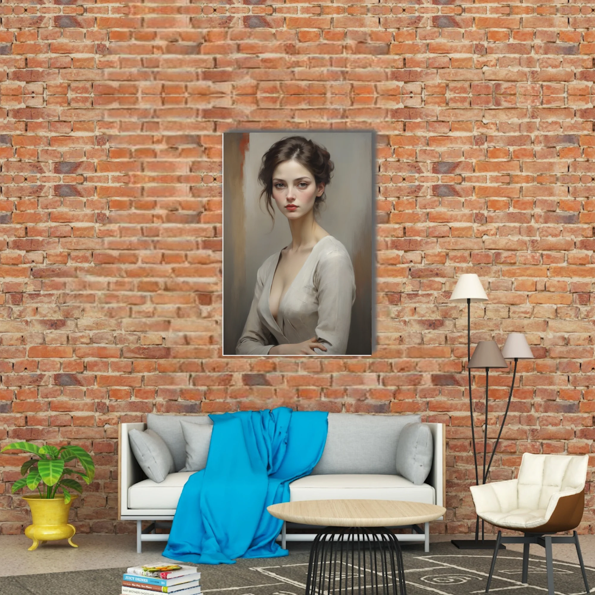 Realist portrait of a young woman, muted tones, dark upswept hair, brooding gaze