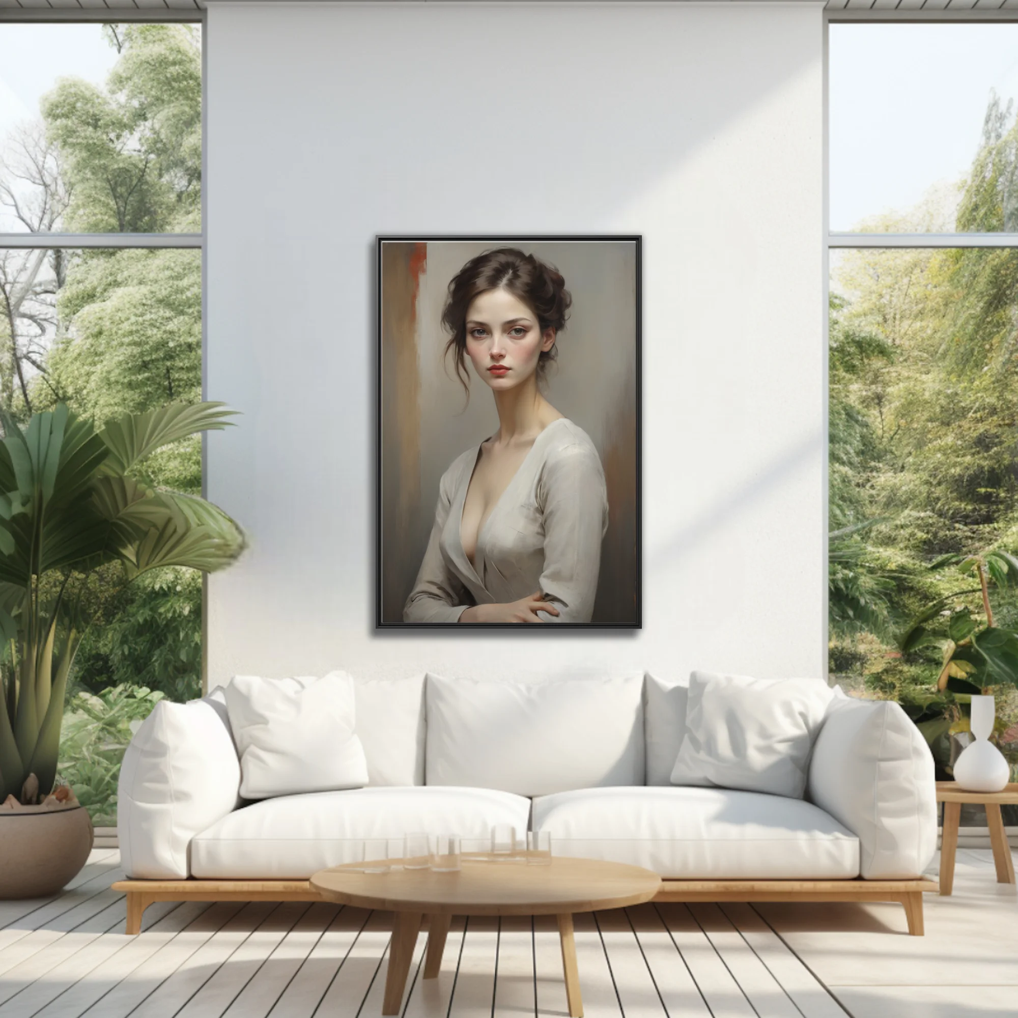 Realist portrait of a young woman, muted tones, dark upswept hair, brooding gaze