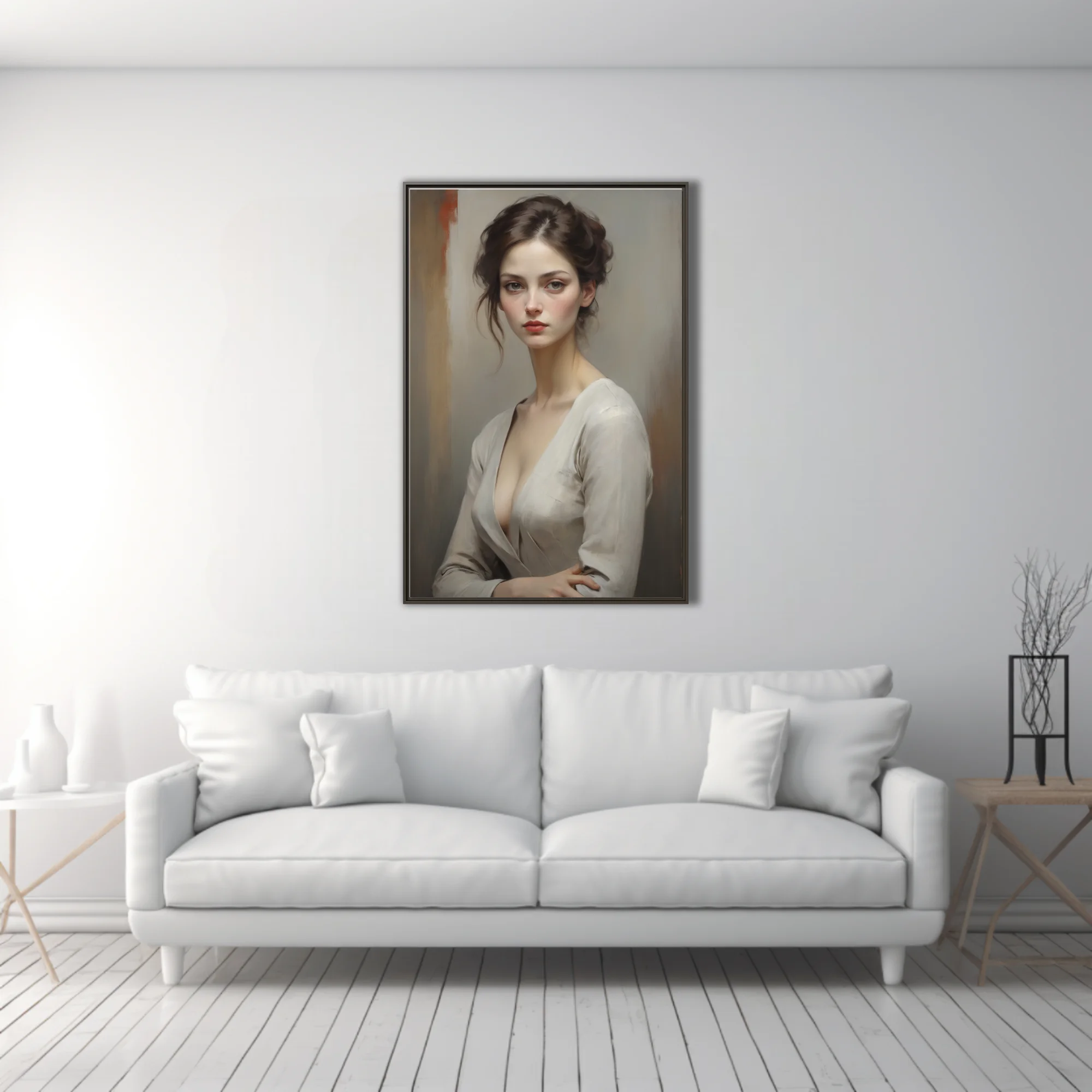 Realist portrait of a young woman, muted tones, dark upswept hair, brooding gaze