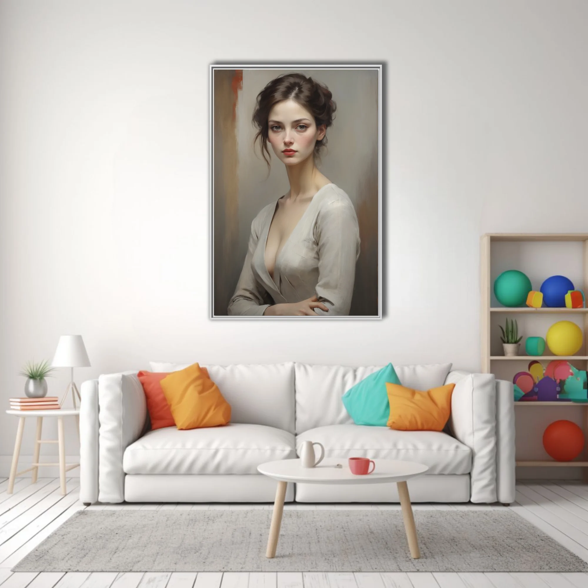 Realist portrait of a young woman, muted tones, dark upswept hair, brooding gaze
