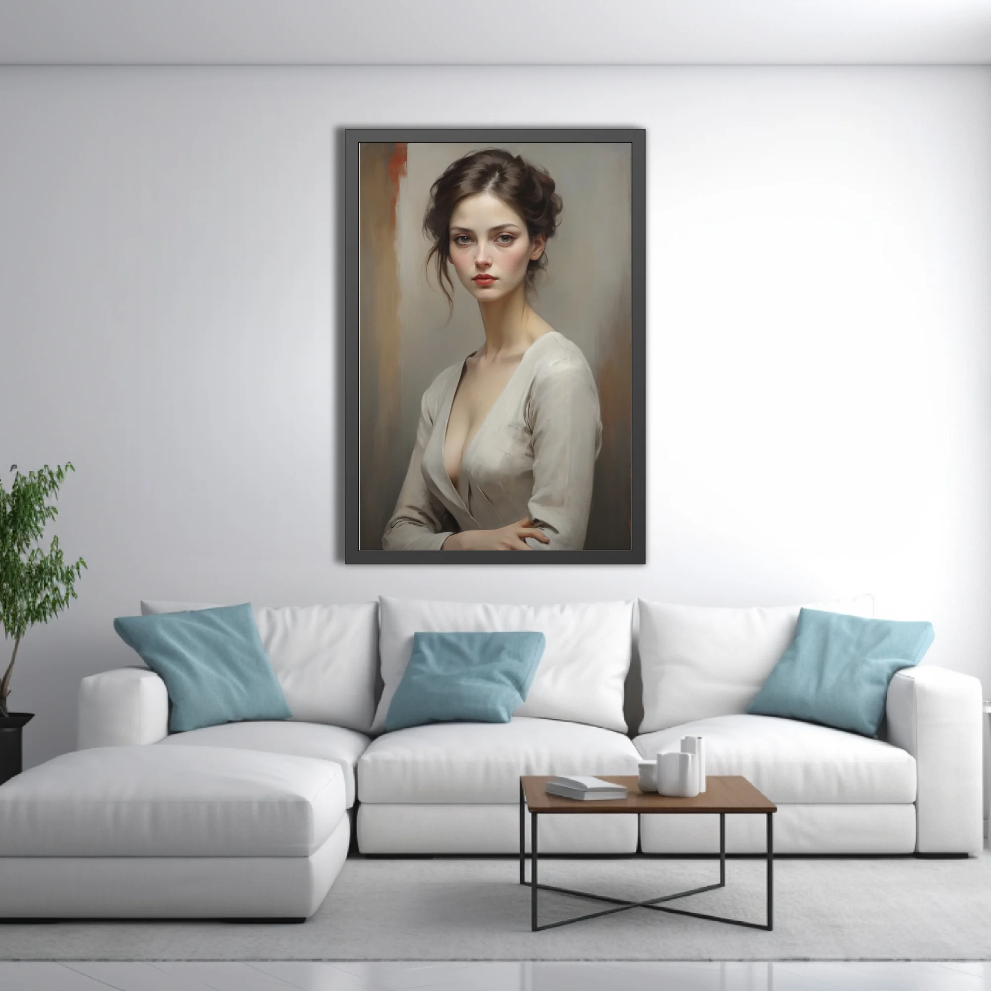 Realist portrait of a young woman, muted tones, dark upswept hair, brooding gaze