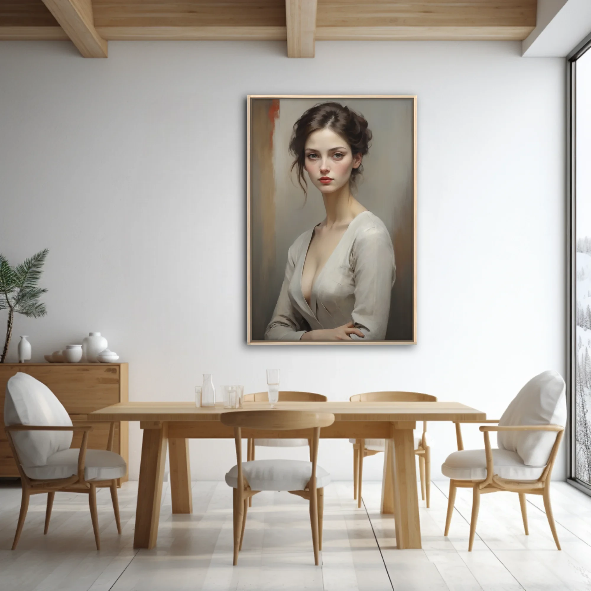 Realist portrait of a young woman, muted tones, dark upswept hair, brooding gaze