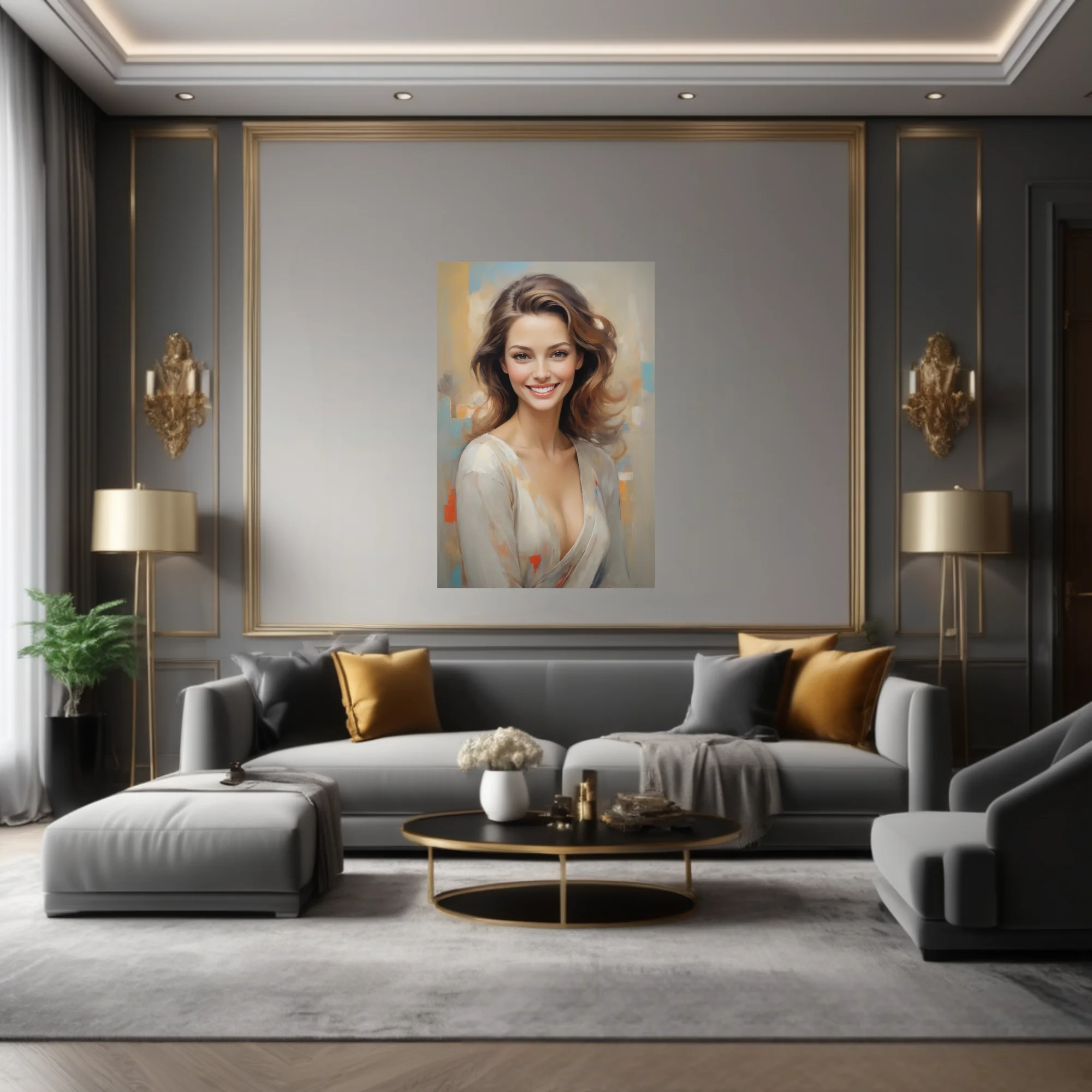 Painterly portrait of a smiling woman in cream tones with soft pastel abstract background