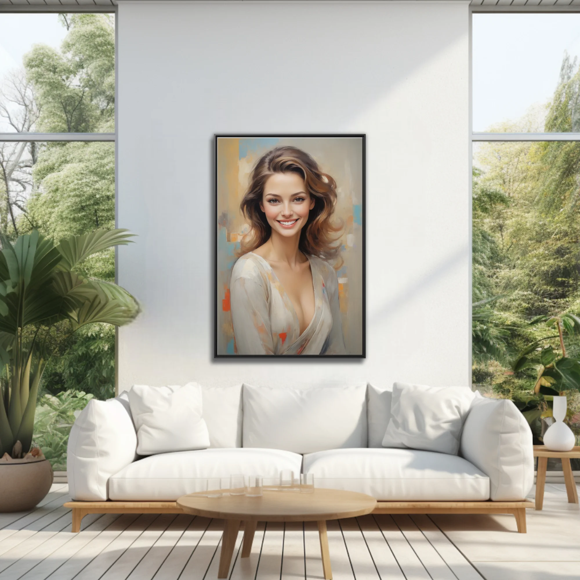 Painterly portrait of a smiling woman in cream tones with soft pastel abstract background