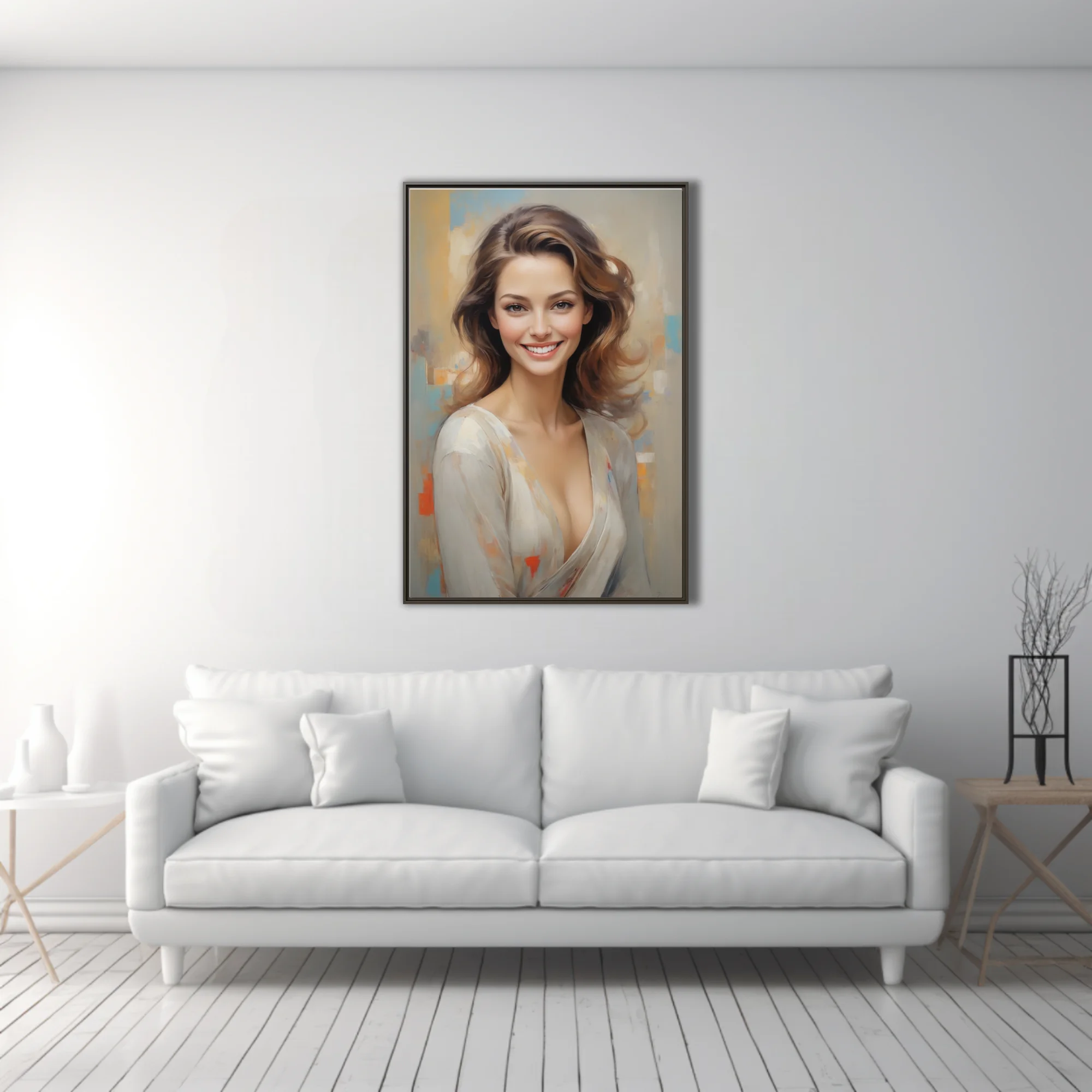 Painterly portrait of a smiling woman in cream tones with soft pastel abstract background
