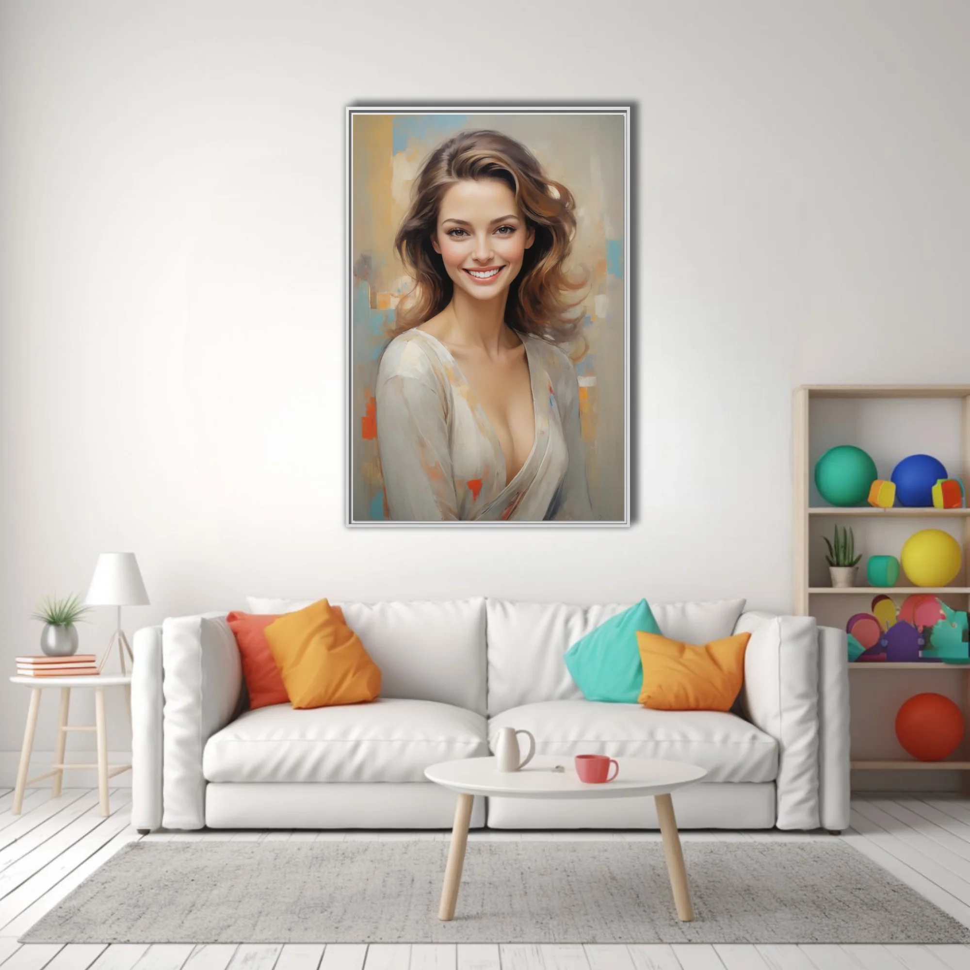 Painterly portrait of a smiling woman in cream tones with soft pastel abstract background