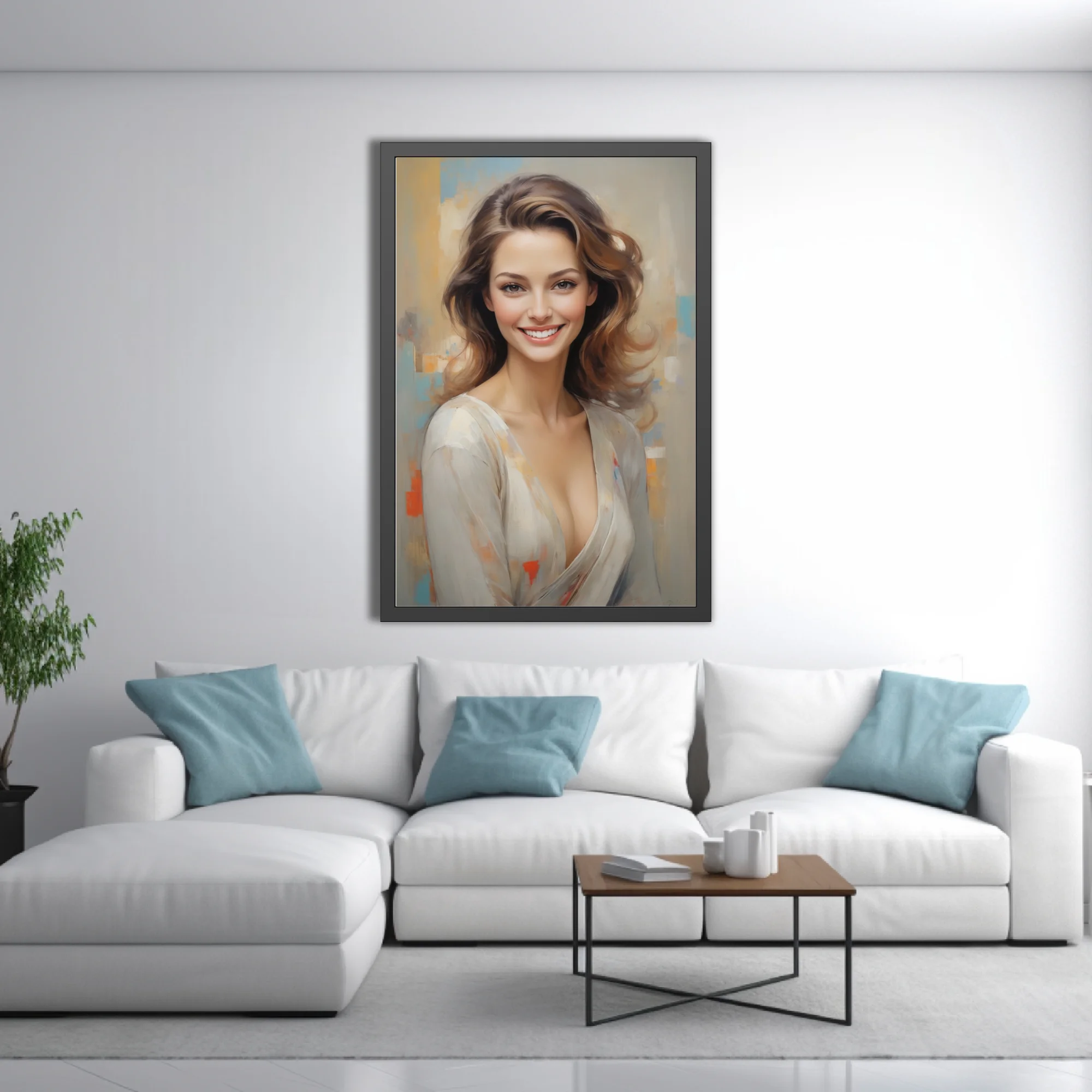Painterly portrait of a smiling woman in cream tones with soft pastel abstract background