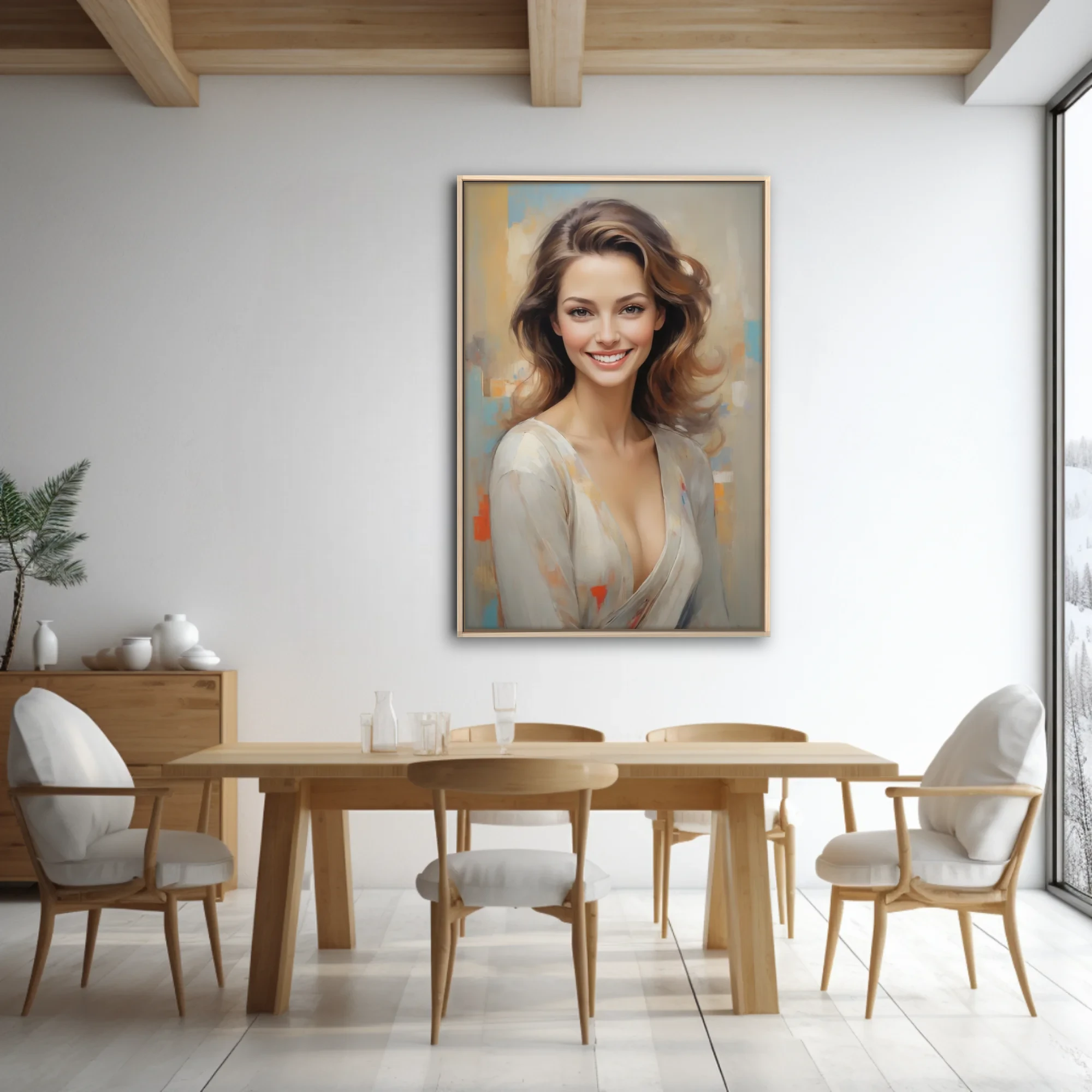 Painterly portrait of a smiling woman in cream tones with soft pastel abstract background