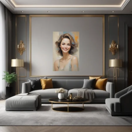 Painterly portrait of a smiling woman with tousled hair, soft neutrals and warm amber accents