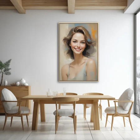 Painterly portrait of a smiling woman with tousled hair, soft neutrals and warm amber accents