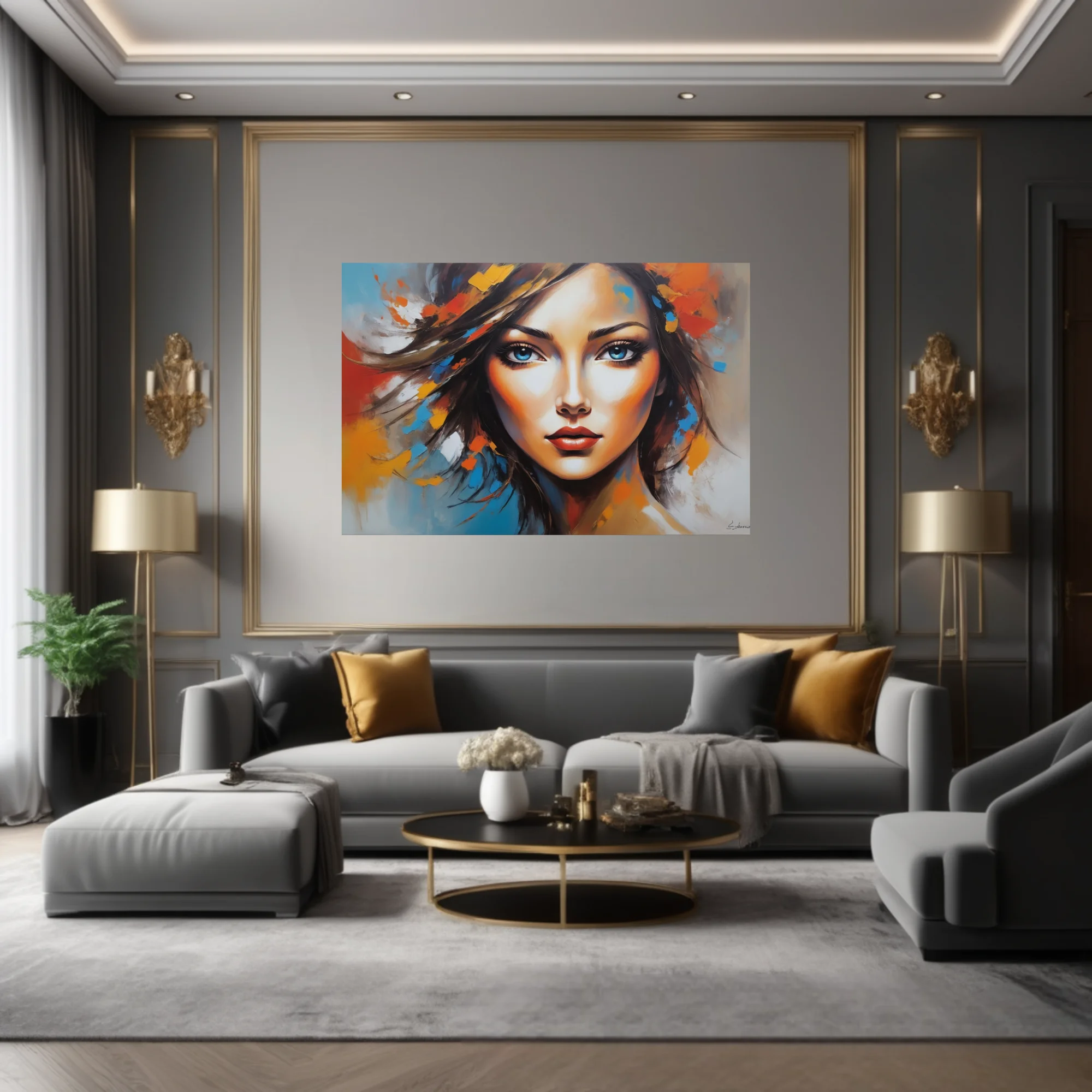 Expressive woman portrait with bold orange, blue, and crimson strokes and luminous gaze