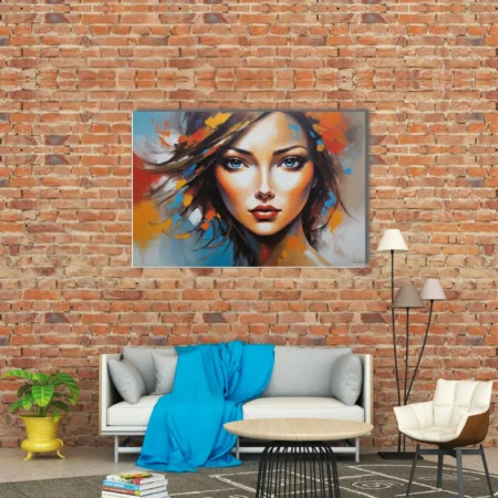 Expressive woman portrait with bold orange, blue, and crimson strokes and luminous gaze