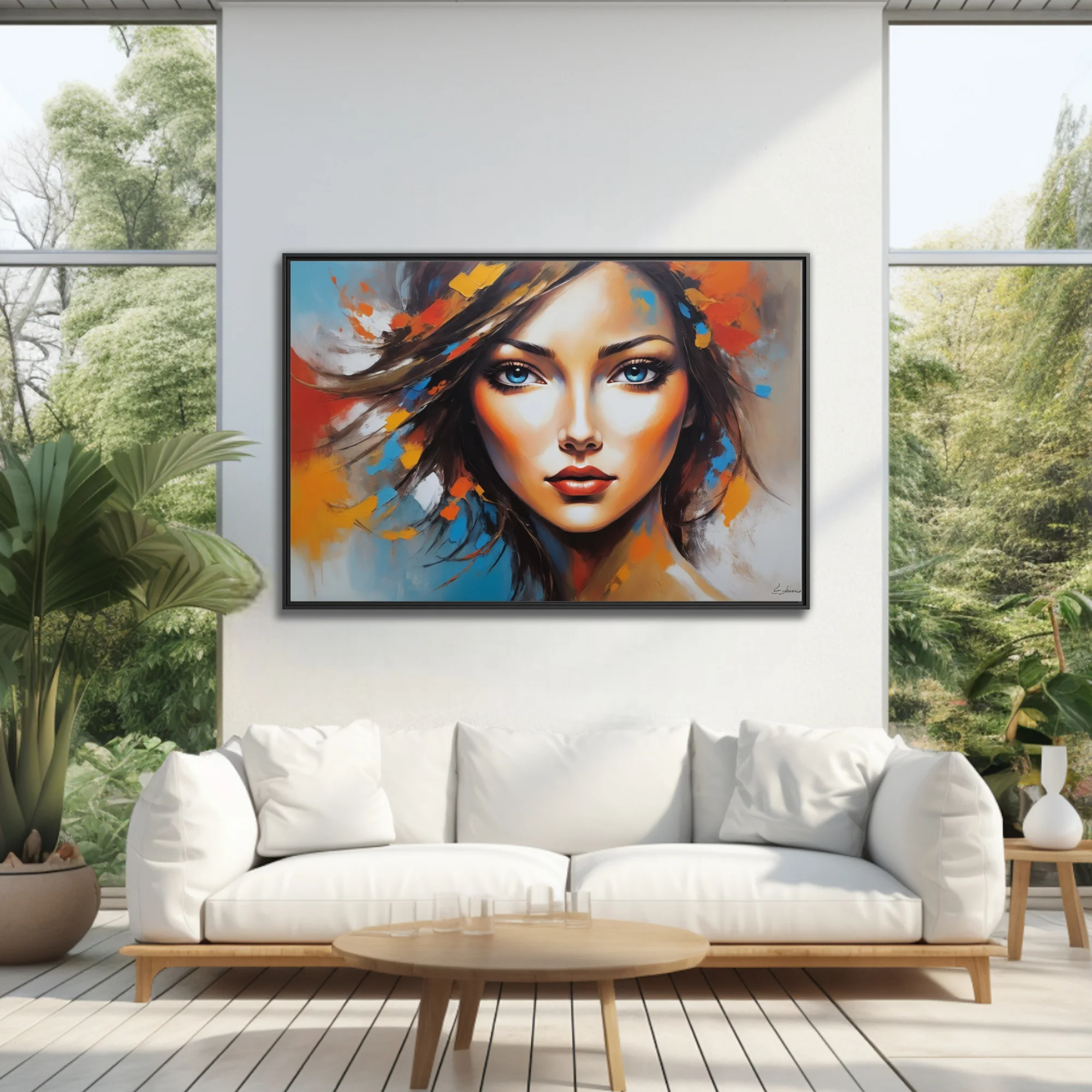 Expressive woman portrait with bold orange, blue, and crimson strokes and luminous gaze