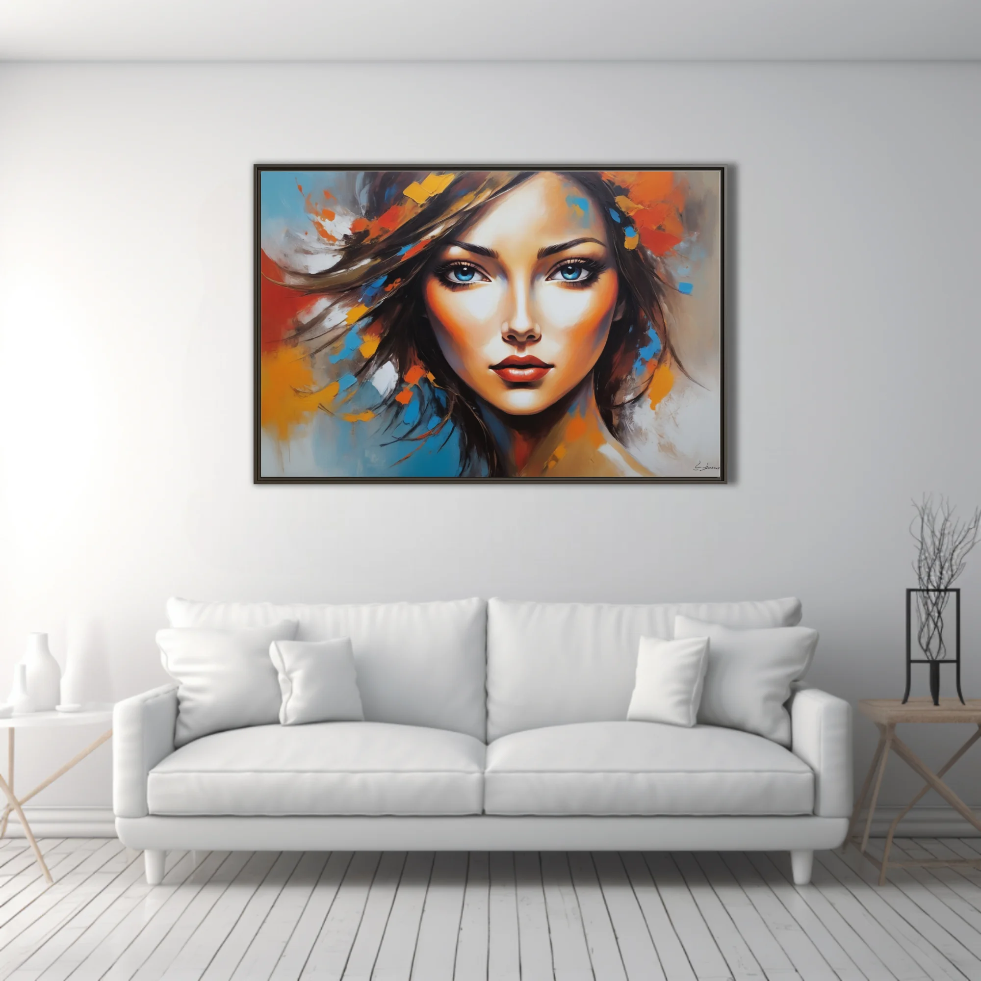Expressive woman portrait with bold orange, blue, and crimson strokes and luminous gaze