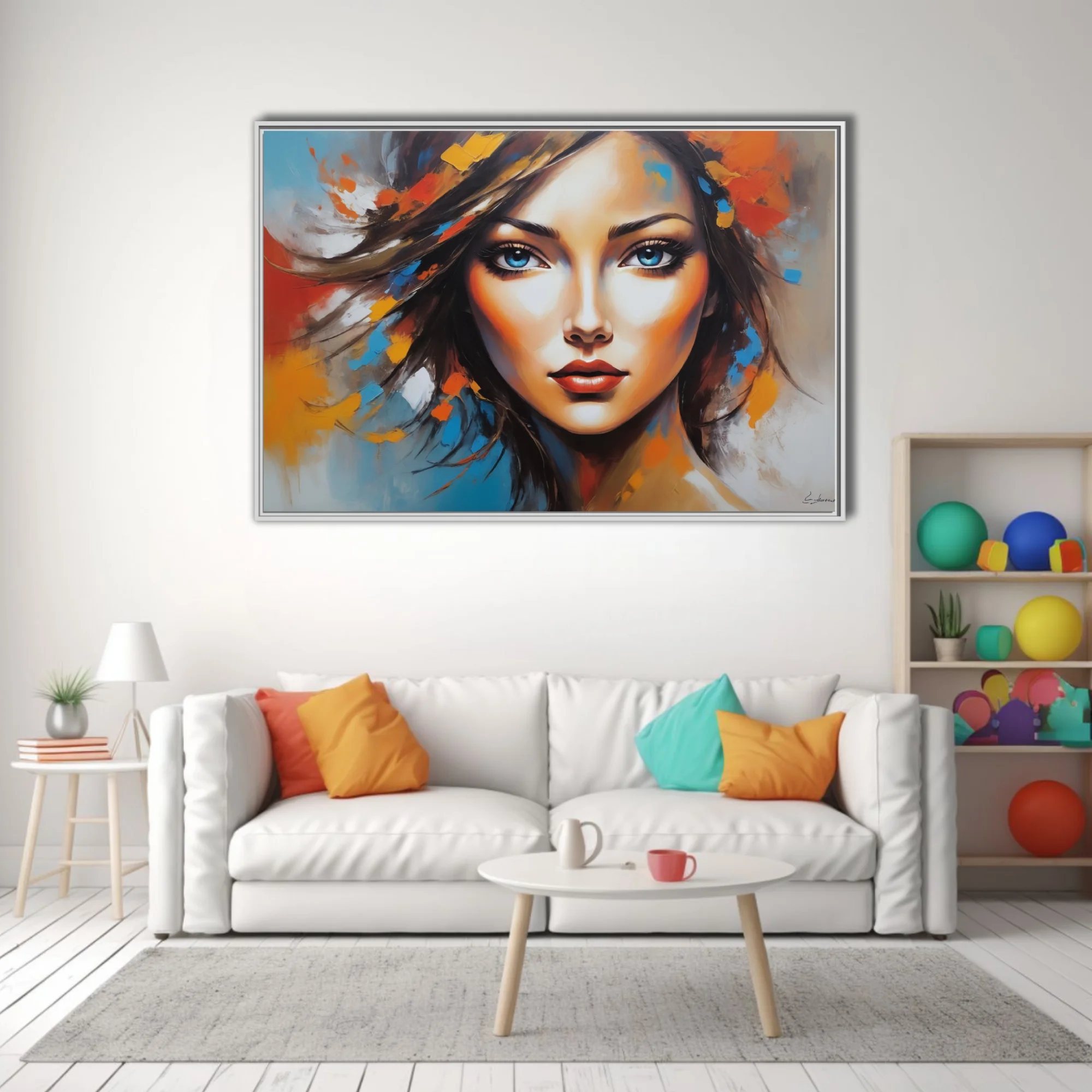 Expressive woman portrait with bold orange, blue, and crimson strokes and luminous gaze