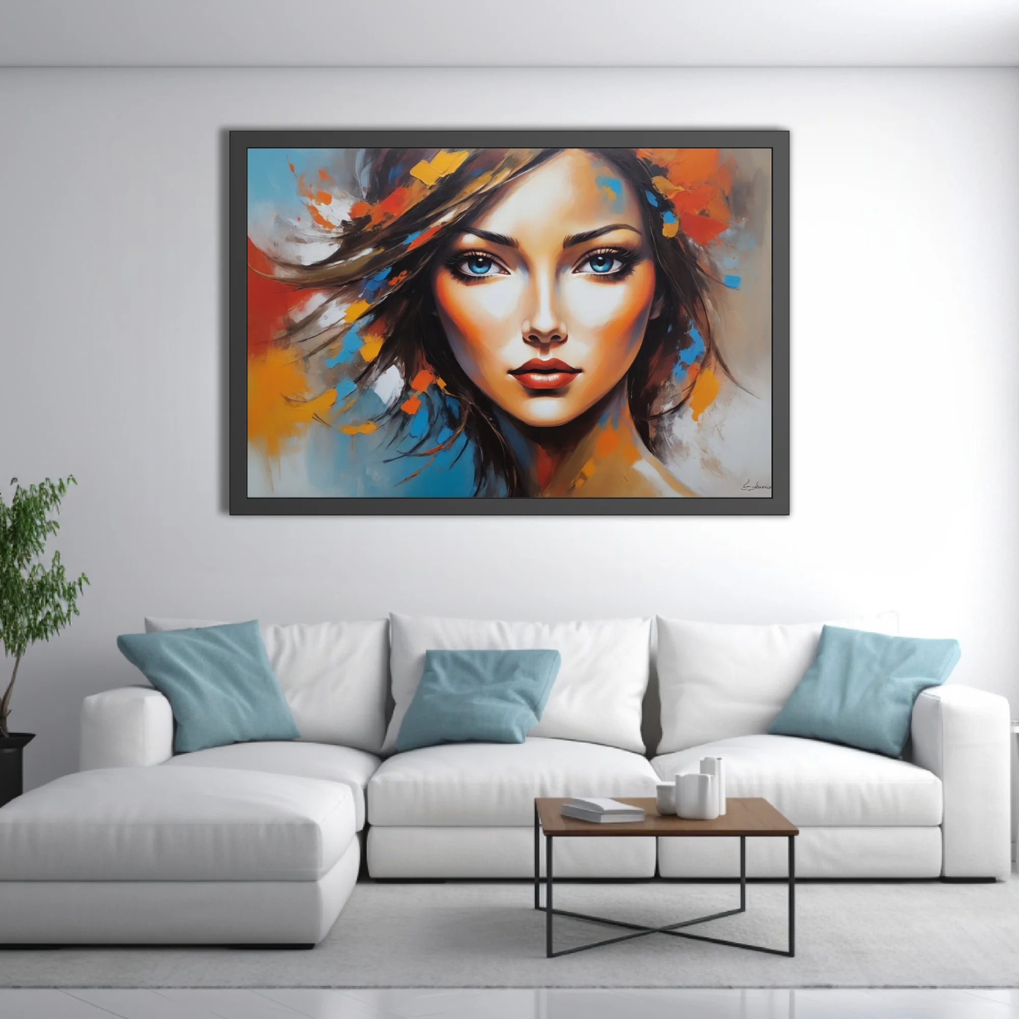 Expressive woman portrait with bold orange, blue, and crimson strokes and luminous gaze