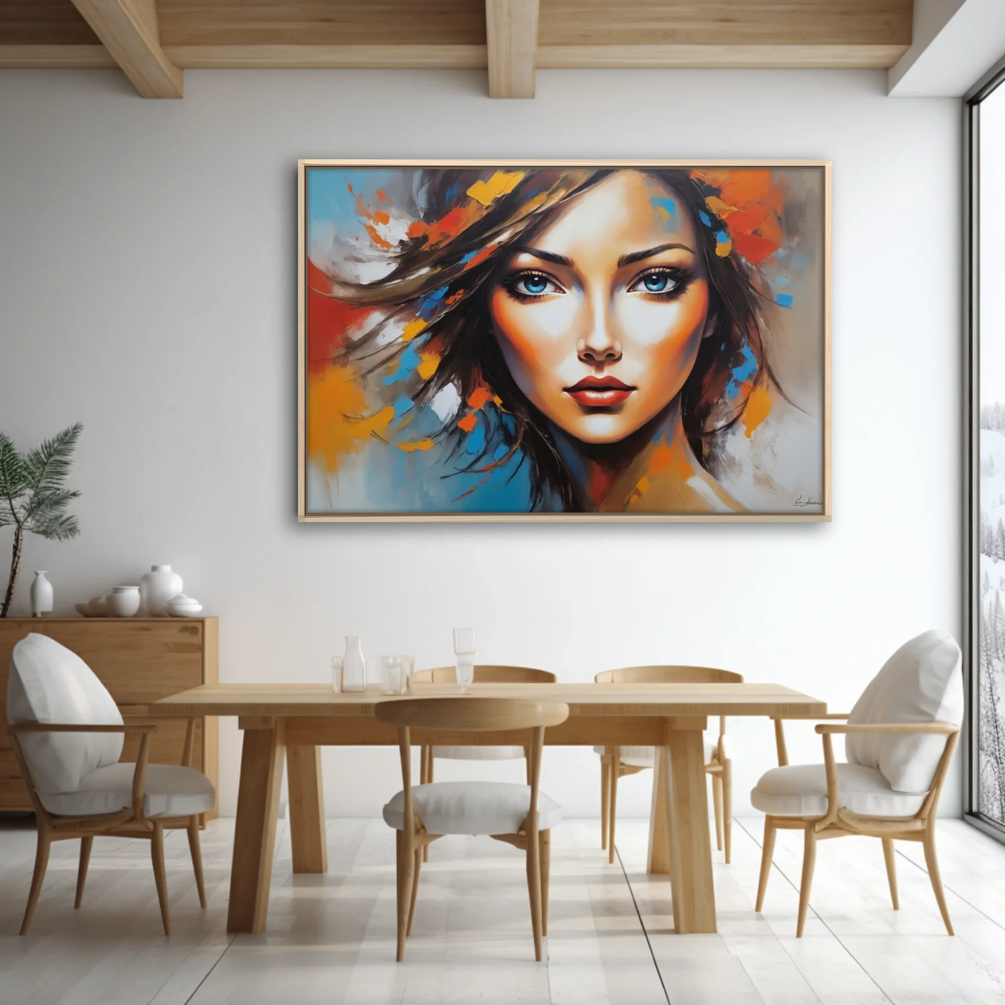 Expressive woman portrait with bold orange, blue, and crimson strokes and luminous gaze