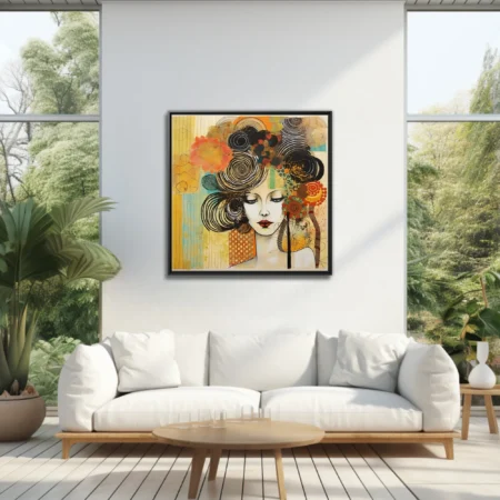 Abstract mixed-media female portrait with swirling spirals, warm ochre and turquoise collage