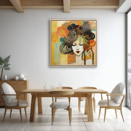 Abstract mixed-media female portrait with swirling spirals, warm ochre and turquoise collage