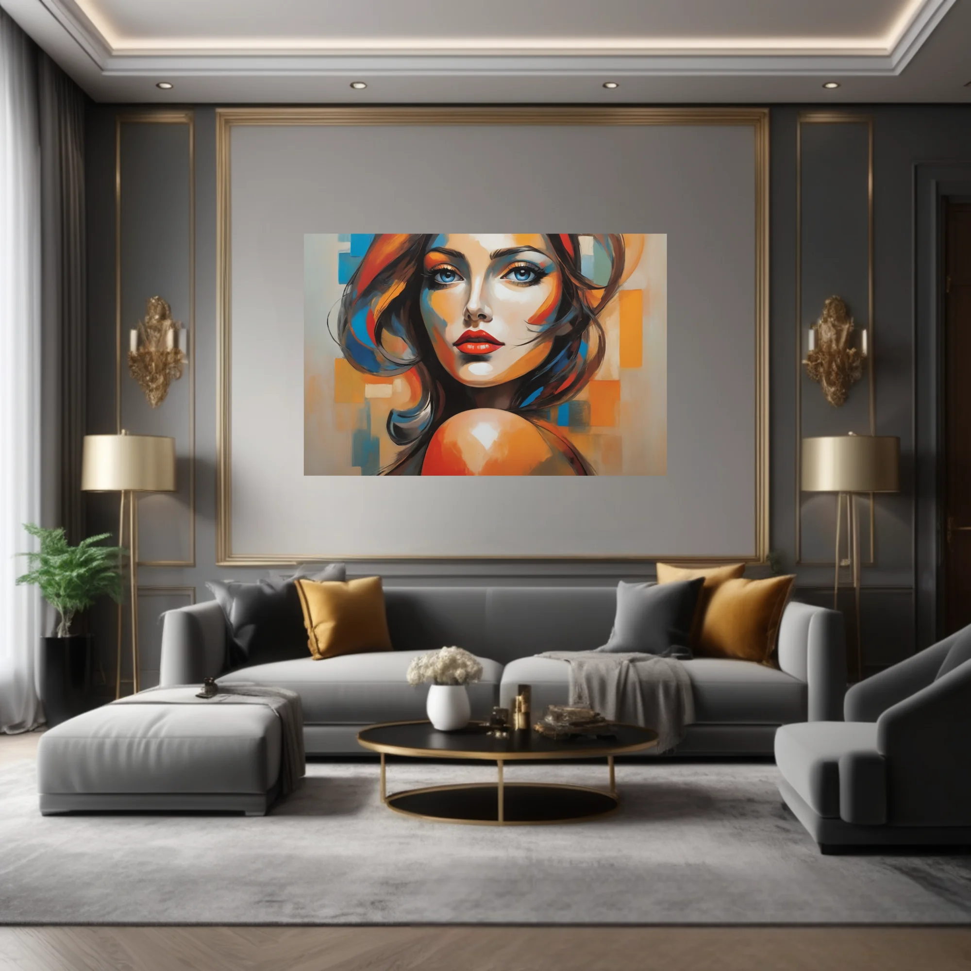 Bold contemporary woman portrait with vivid orange and blue strokes and red lips on geometric background