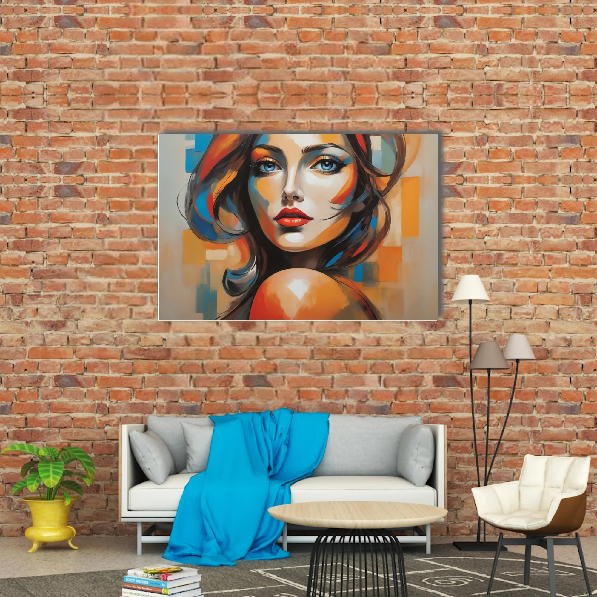 Bold contemporary woman portrait with vivid orange and blue strokes and red lips on geometric background