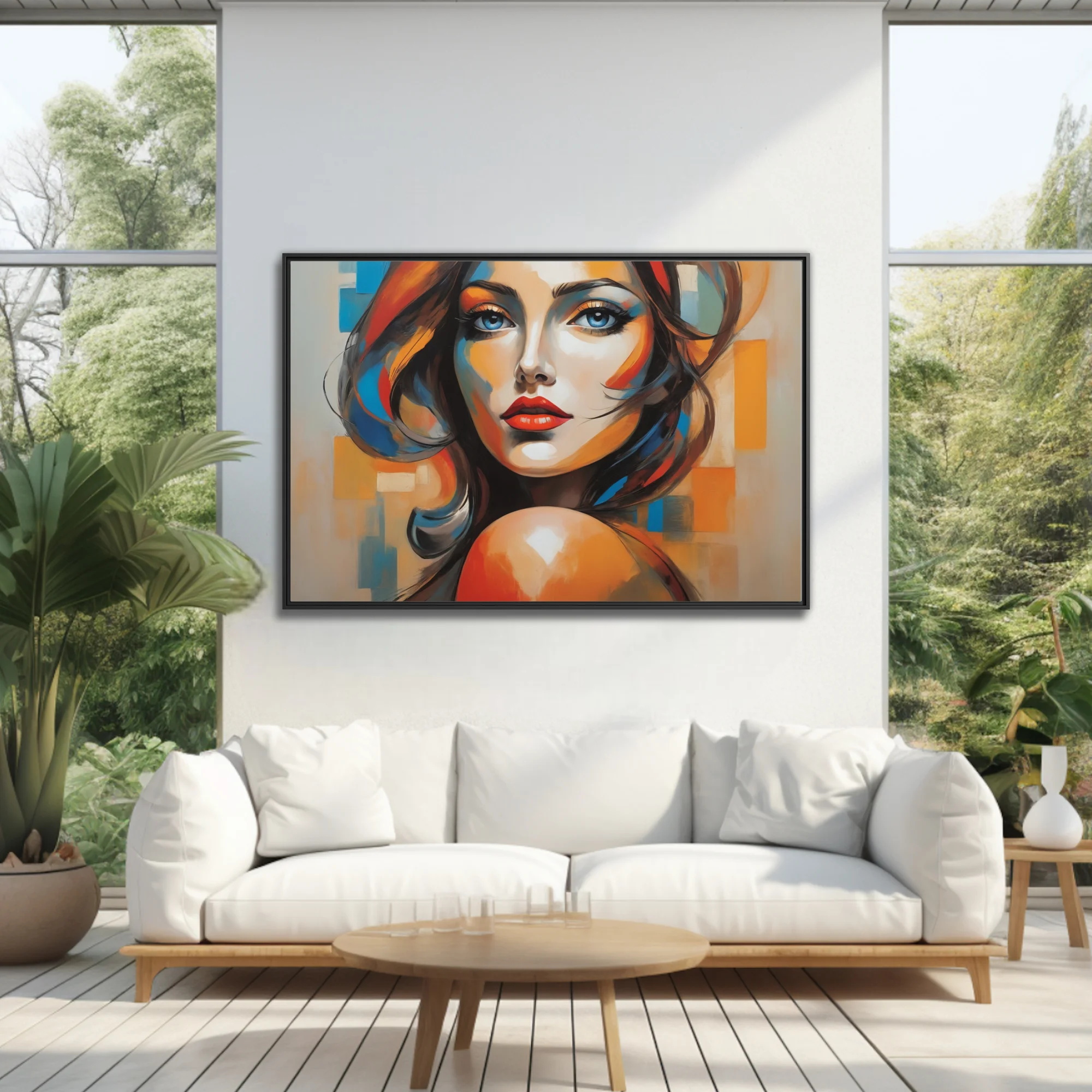 Bold contemporary woman portrait with vivid orange and blue strokes and red lips on geometric background
