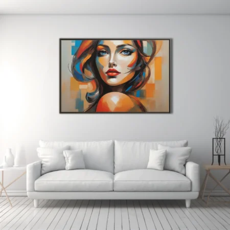 Bold contemporary woman portrait with vivid orange and blue strokes and red lips on geometric background