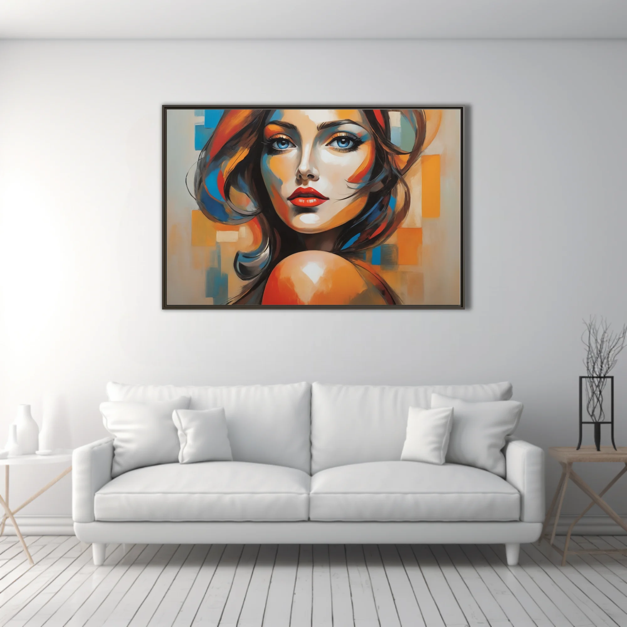 Bold contemporary woman portrait with vivid orange and blue strokes and red lips on geometric background