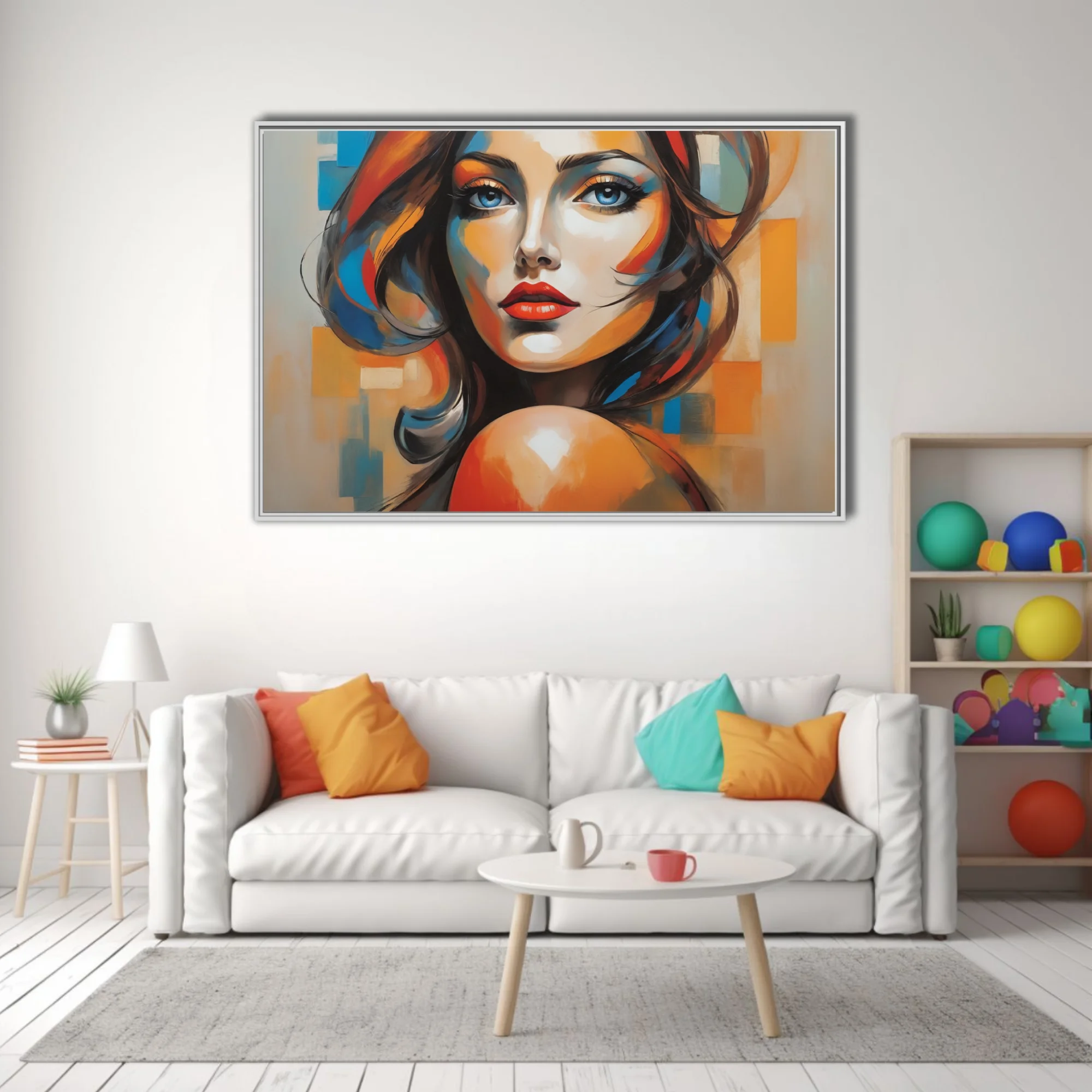 Bold contemporary woman portrait with vivid orange and blue strokes and red lips on geometric background