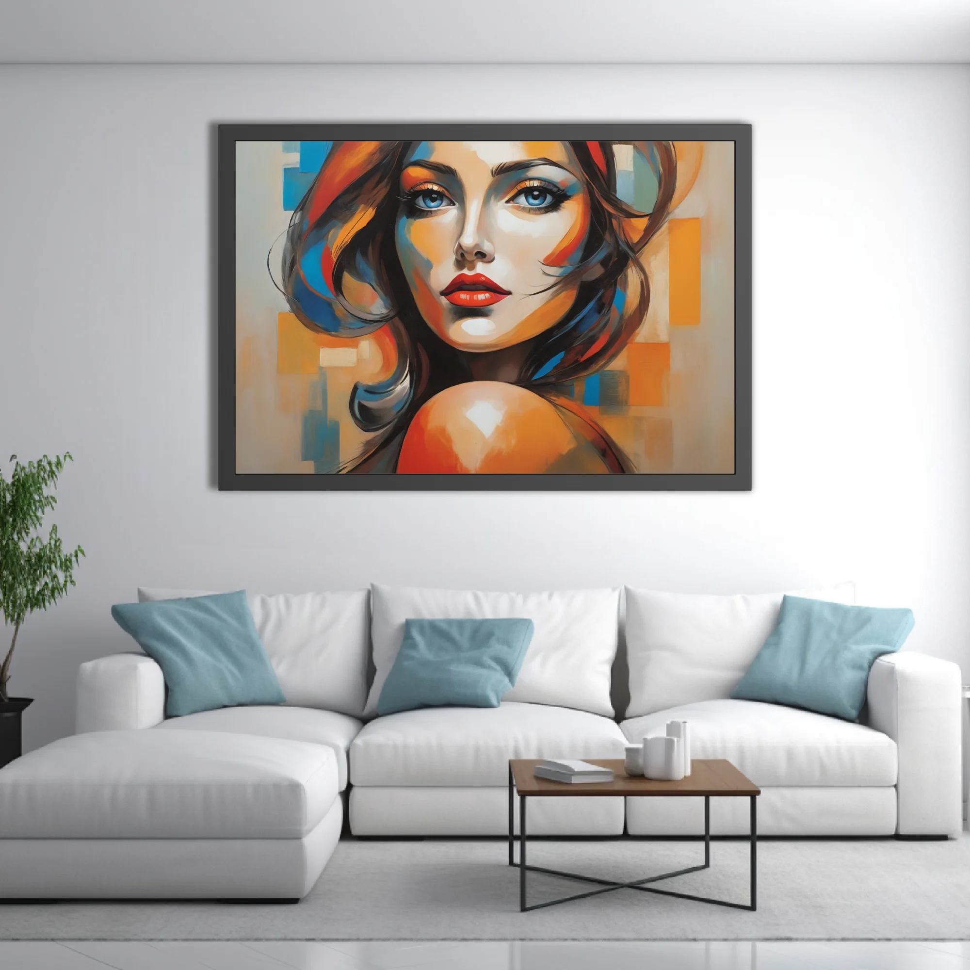 Bold contemporary woman portrait with vivid orange and blue strokes and red lips on geometric background
