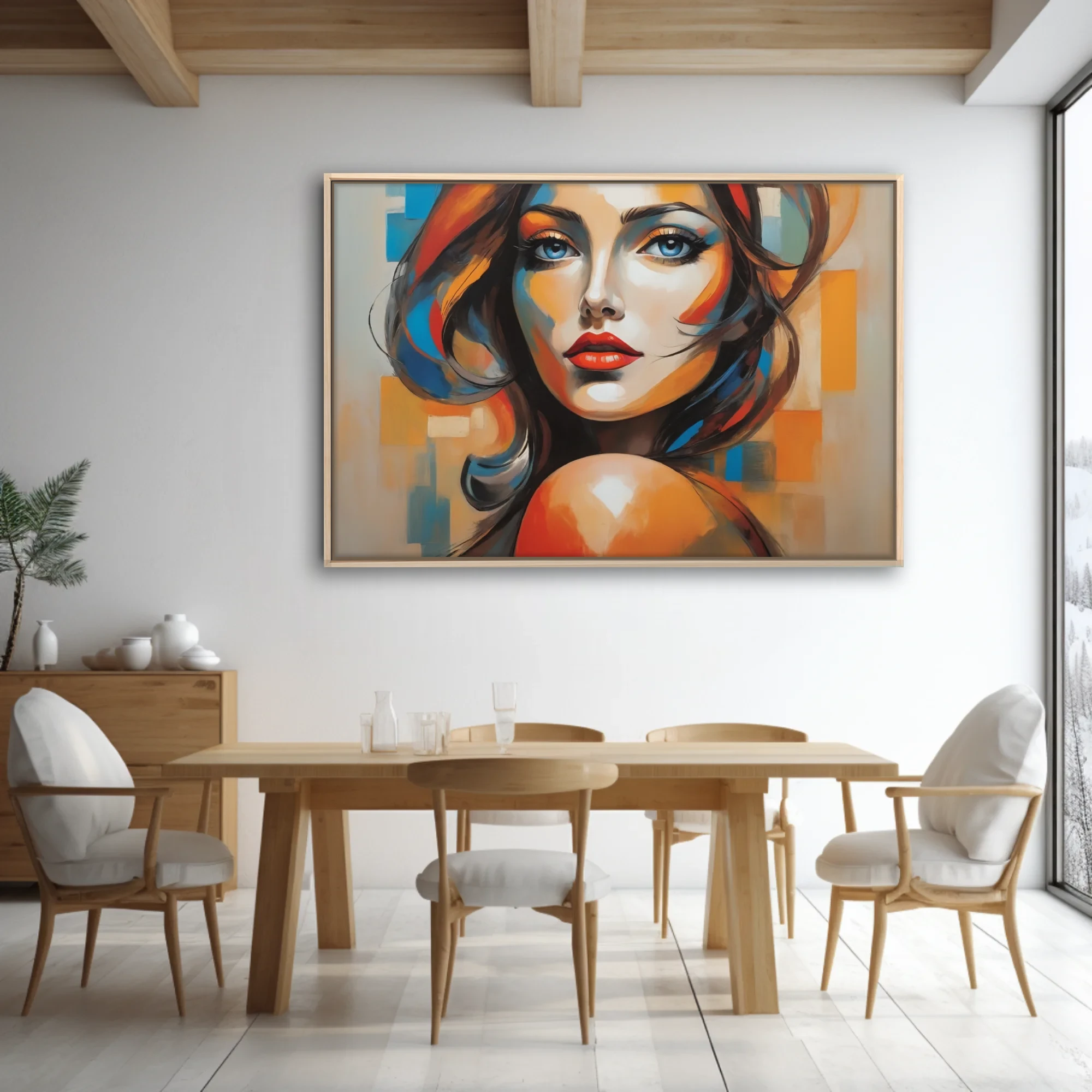 Bold contemporary woman portrait with vivid orange and blue strokes and red lips on geometric background