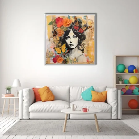 Mixed-media collage portrait of woman with butterflies and roses, warm vintage palette