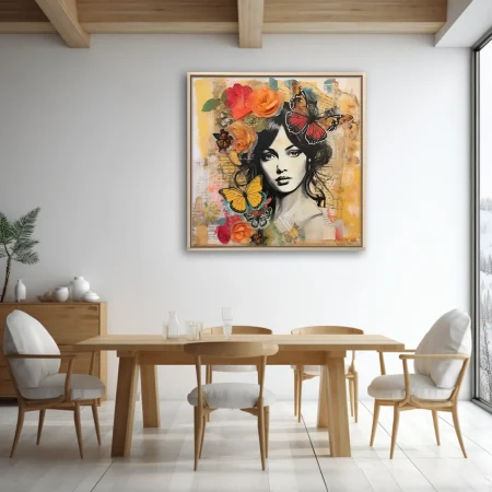Mixed-media collage portrait of woman with butterflies and roses, warm vintage palette