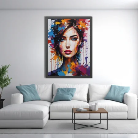 Expressive woman portrait with vivid color splashes, paint drips, strokes on ivory ground