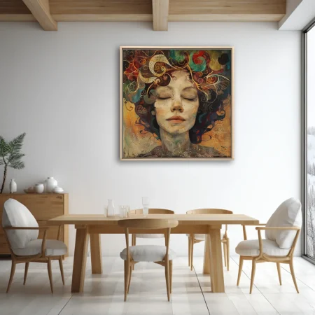 Decorative portrait with swirling ornate motifs and rich jewel tones