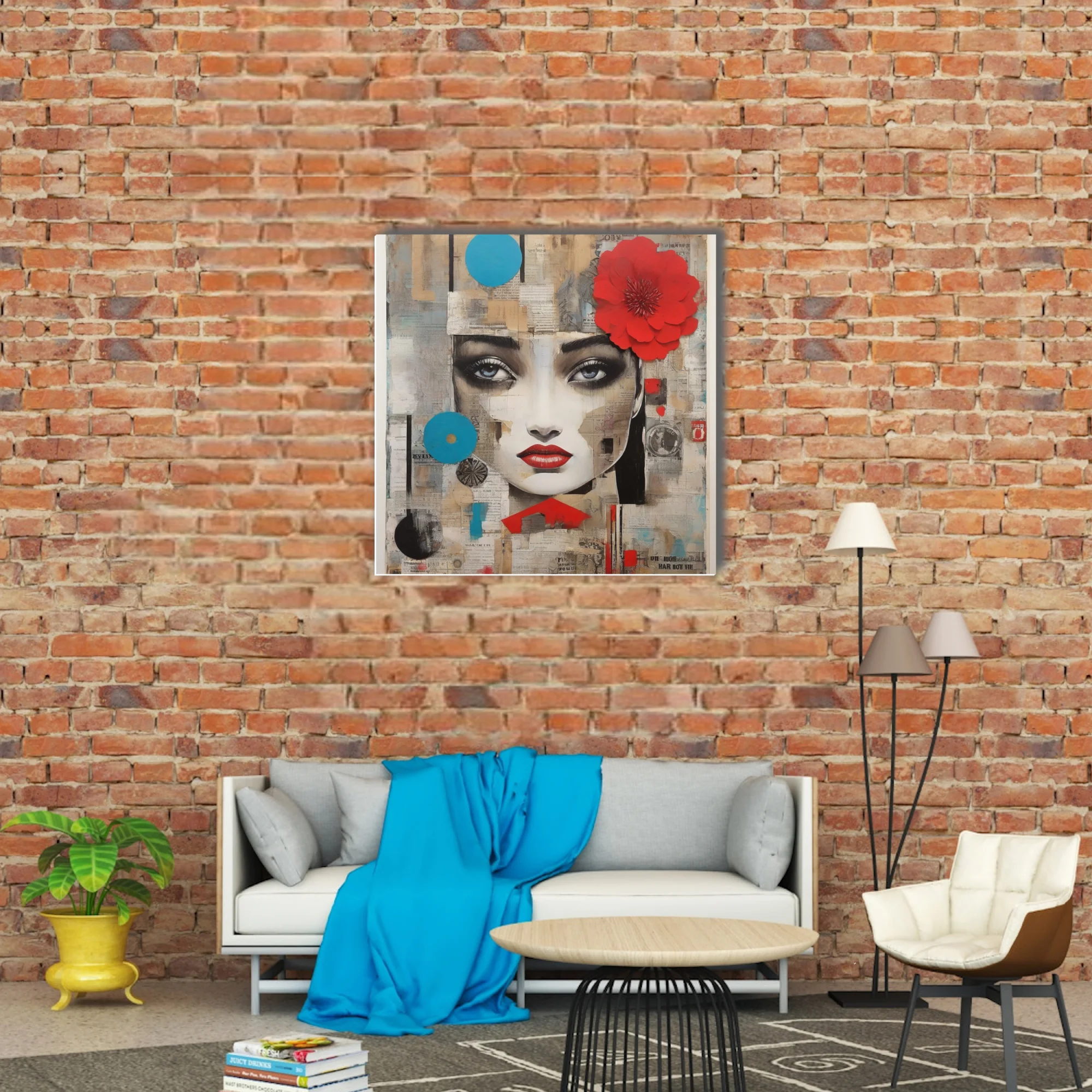 Collage-style female portrait with red flower, cyan accents, newsprint textures