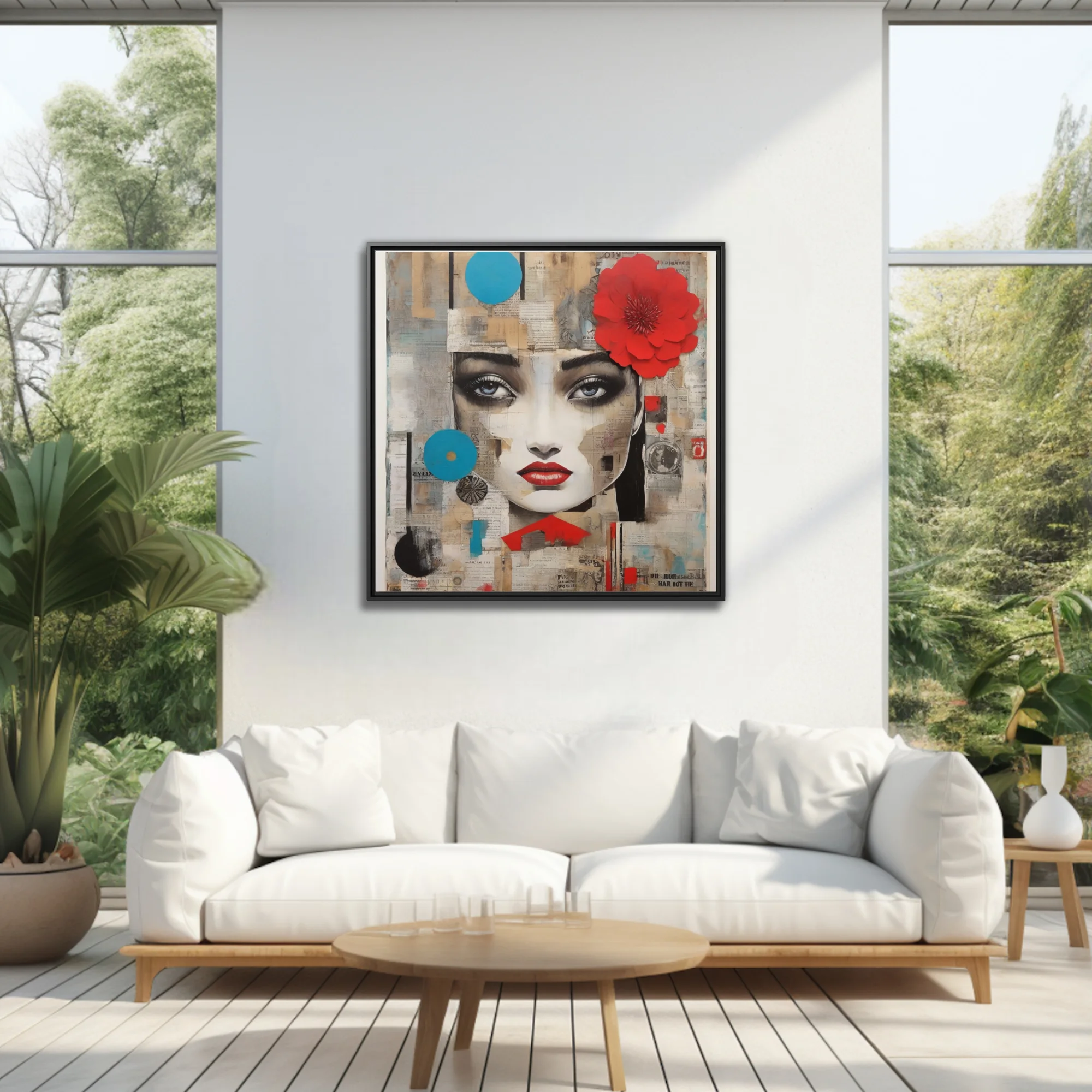 Collage-style female portrait with red flower, cyan accents, newsprint textures