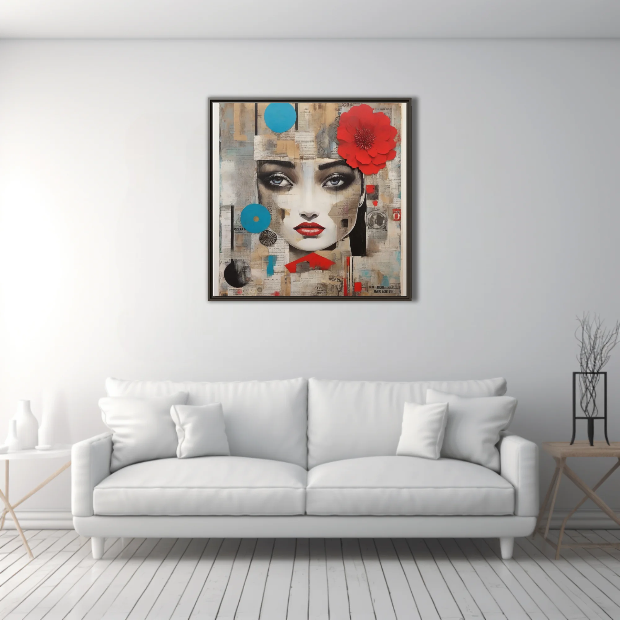 Collage-style female portrait with red flower, cyan accents, newsprint textures