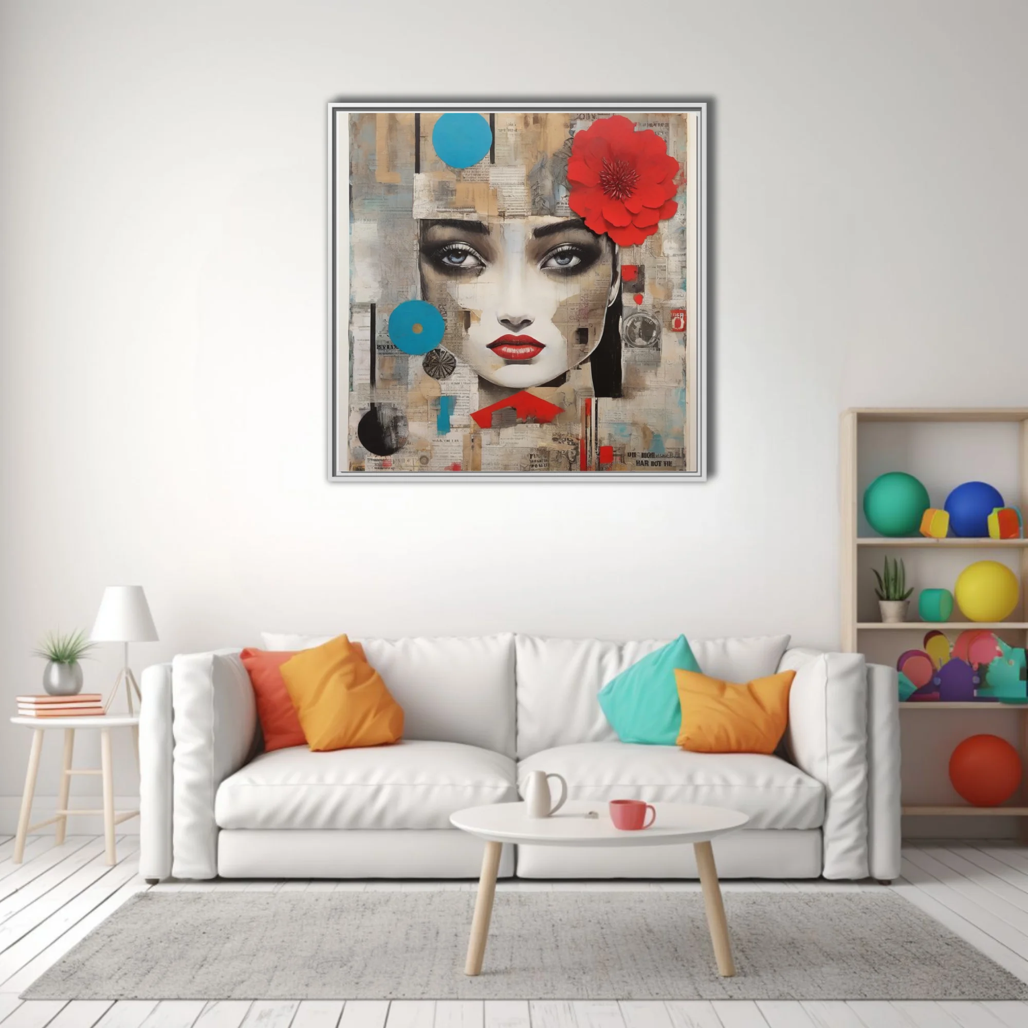 Collage-style female portrait with red flower, cyan accents, newsprint textures