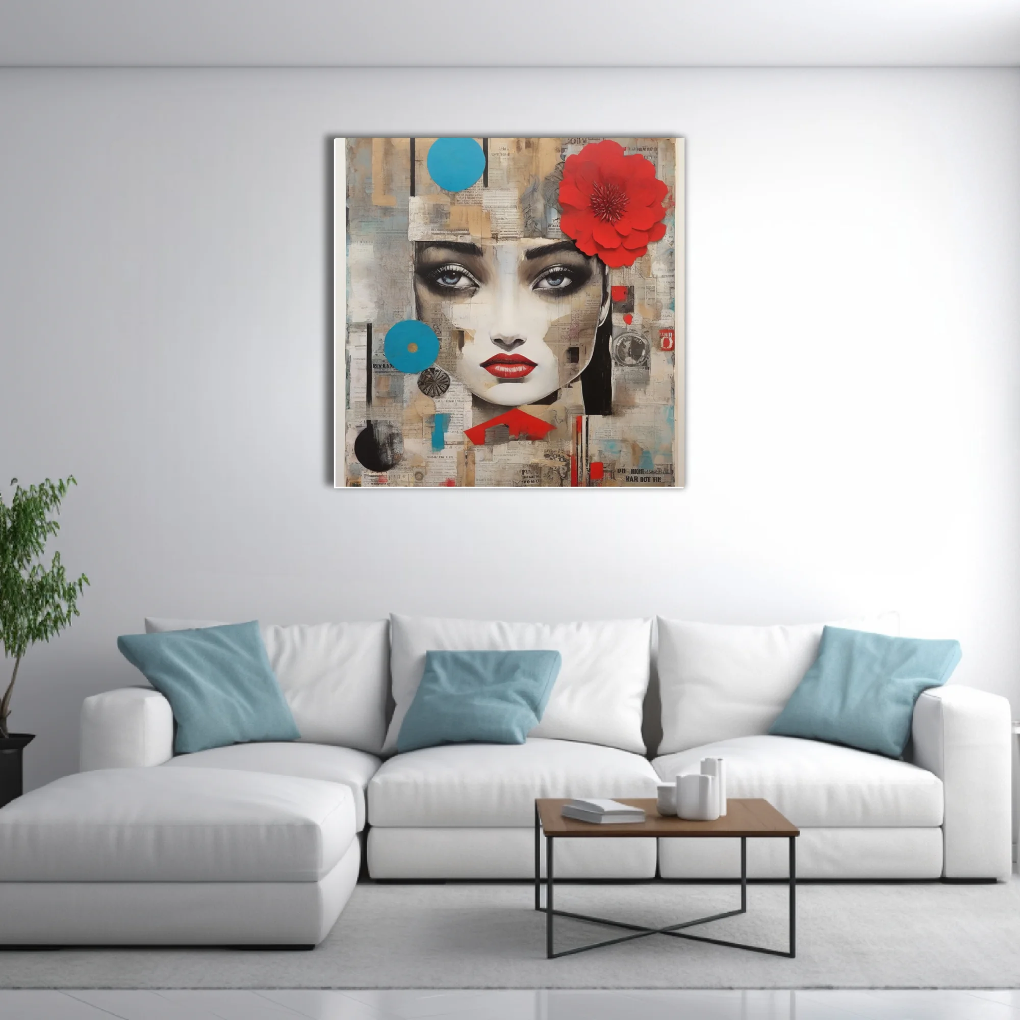 Collage-style female portrait with red flower, cyan accents, newsprint textures