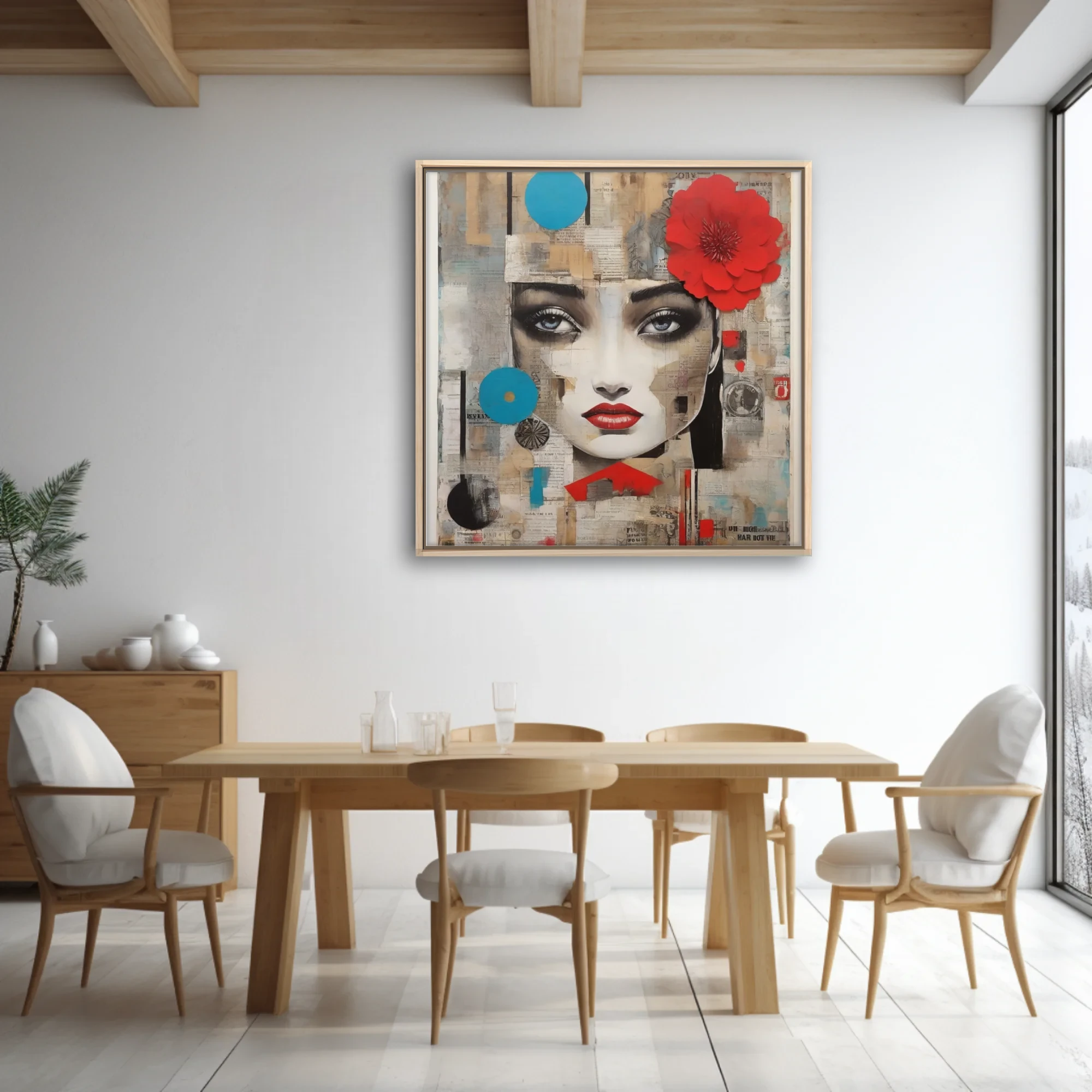 Collage-style female portrait with red flower, cyan accents, newsprint textures