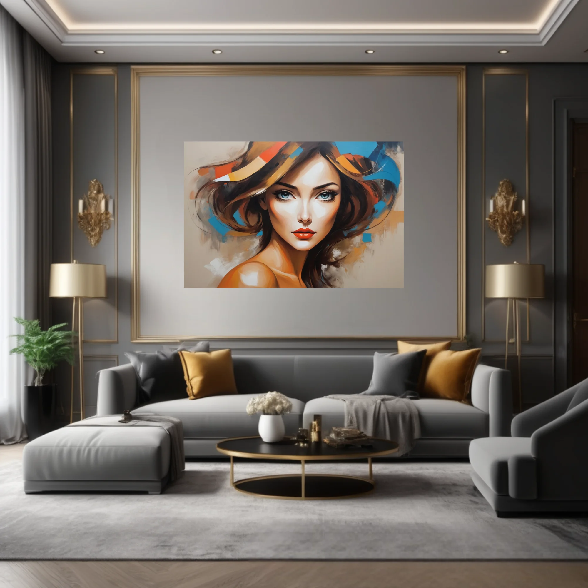 Bold stylized woman portrait with cobalt, ochre and orange-red abstract strokes, contemporary figurative art