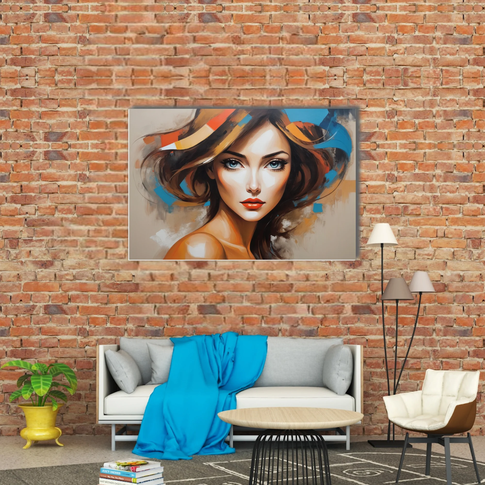 Bold stylized woman portrait with cobalt, ochre and orange-red abstract strokes, contemporary figurative art