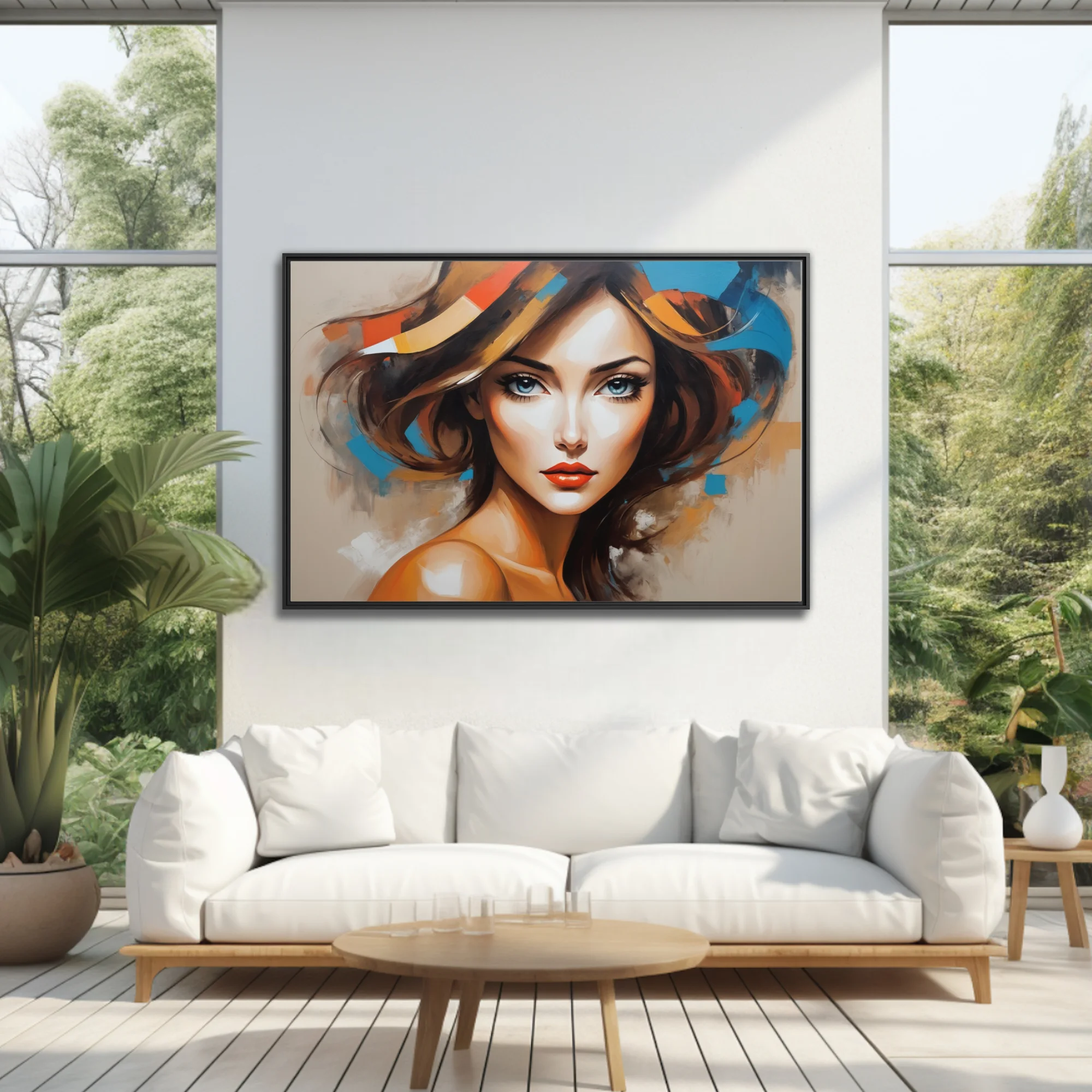 Bold stylized woman portrait with cobalt, ochre and orange-red abstract strokes, contemporary figurative art