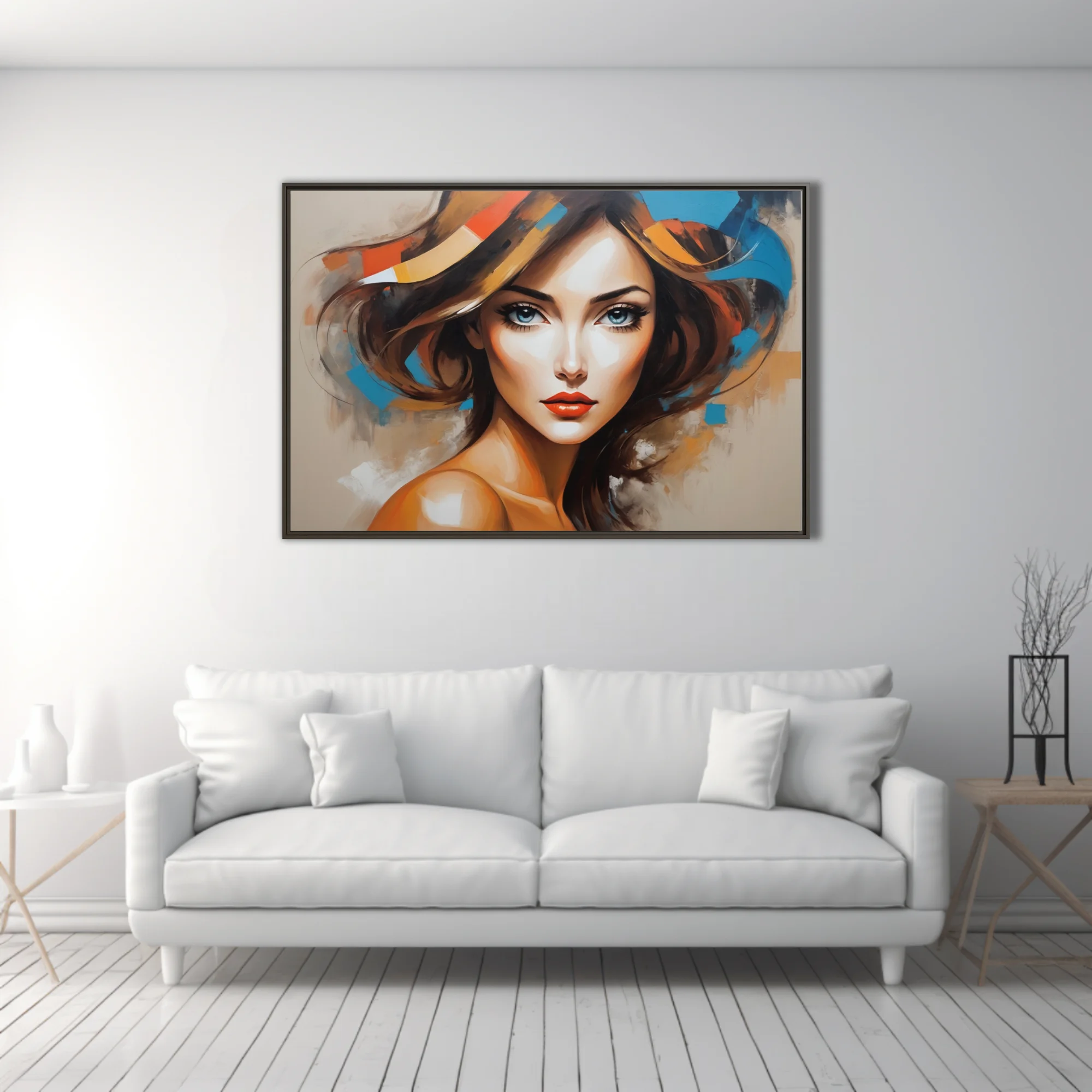 Bold stylized woman portrait with cobalt, ochre and orange-red abstract strokes, contemporary figurative art